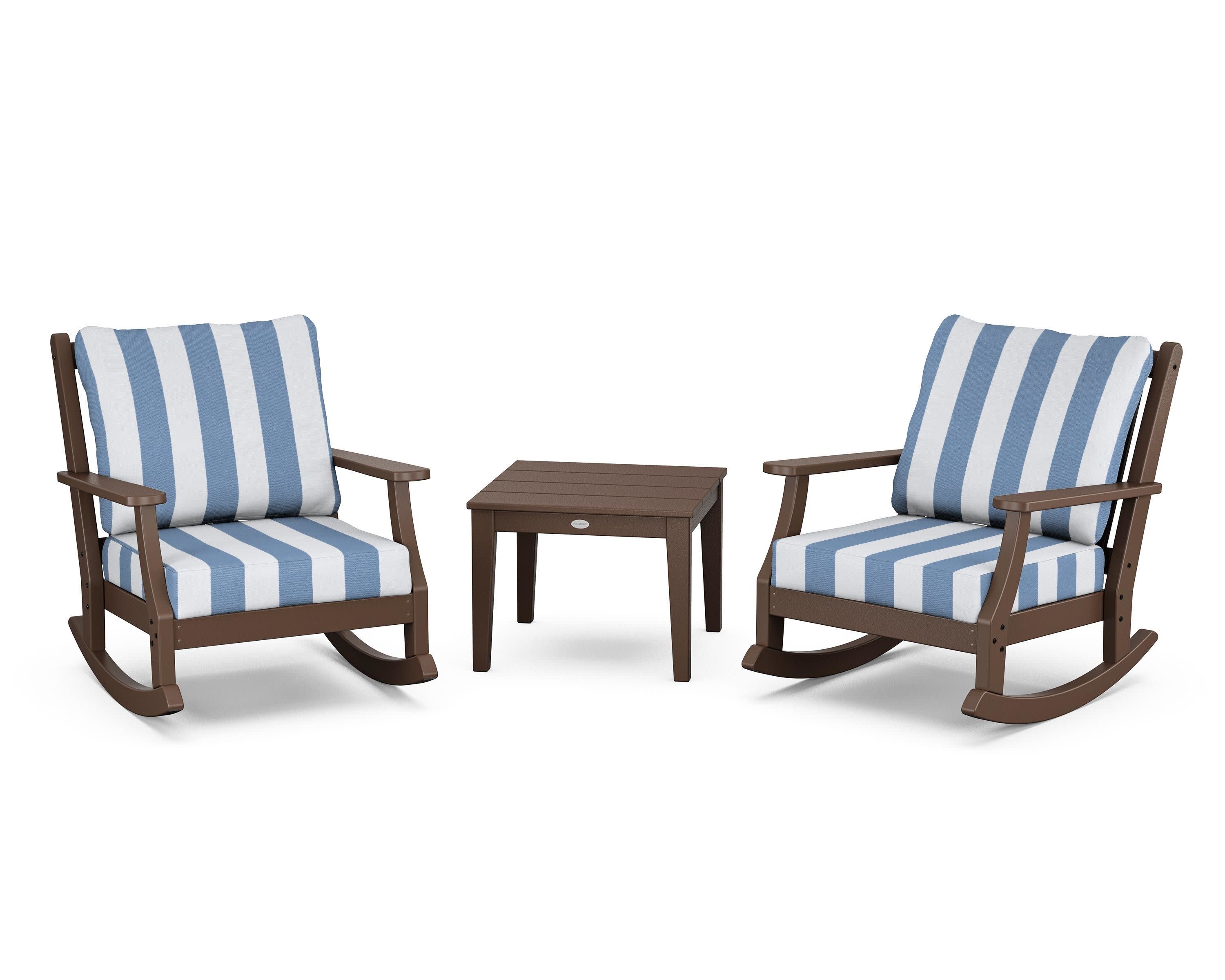 Wovendale 3-Piece Deep Seating Rocker Set in Mahogany / Cabana Stripe Sky Blue