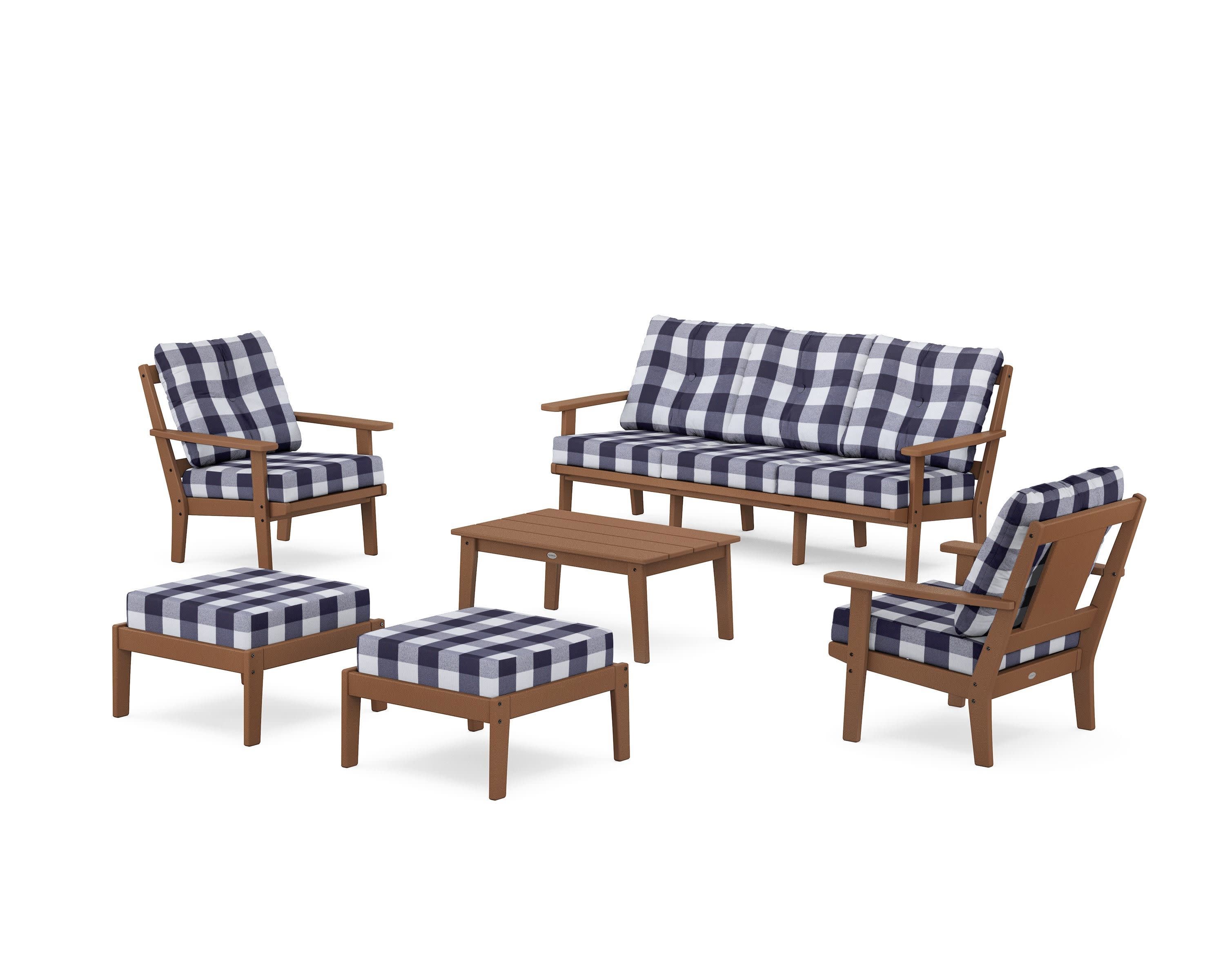 Prairie 6-Piece Lounge Sofa Set in Teak / Buffalo Plaid Navy