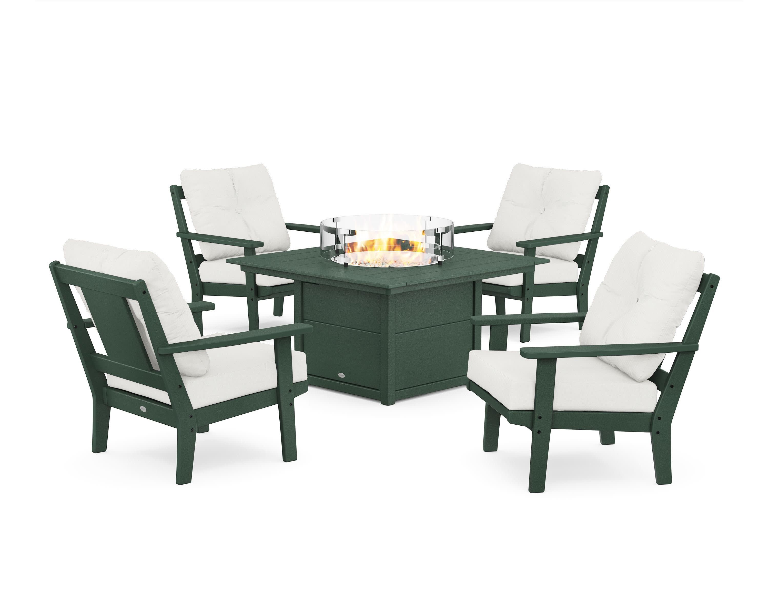 Prairie 5-Piece Deep Seating Set with Fire Pit Table in Green / Natural Linen