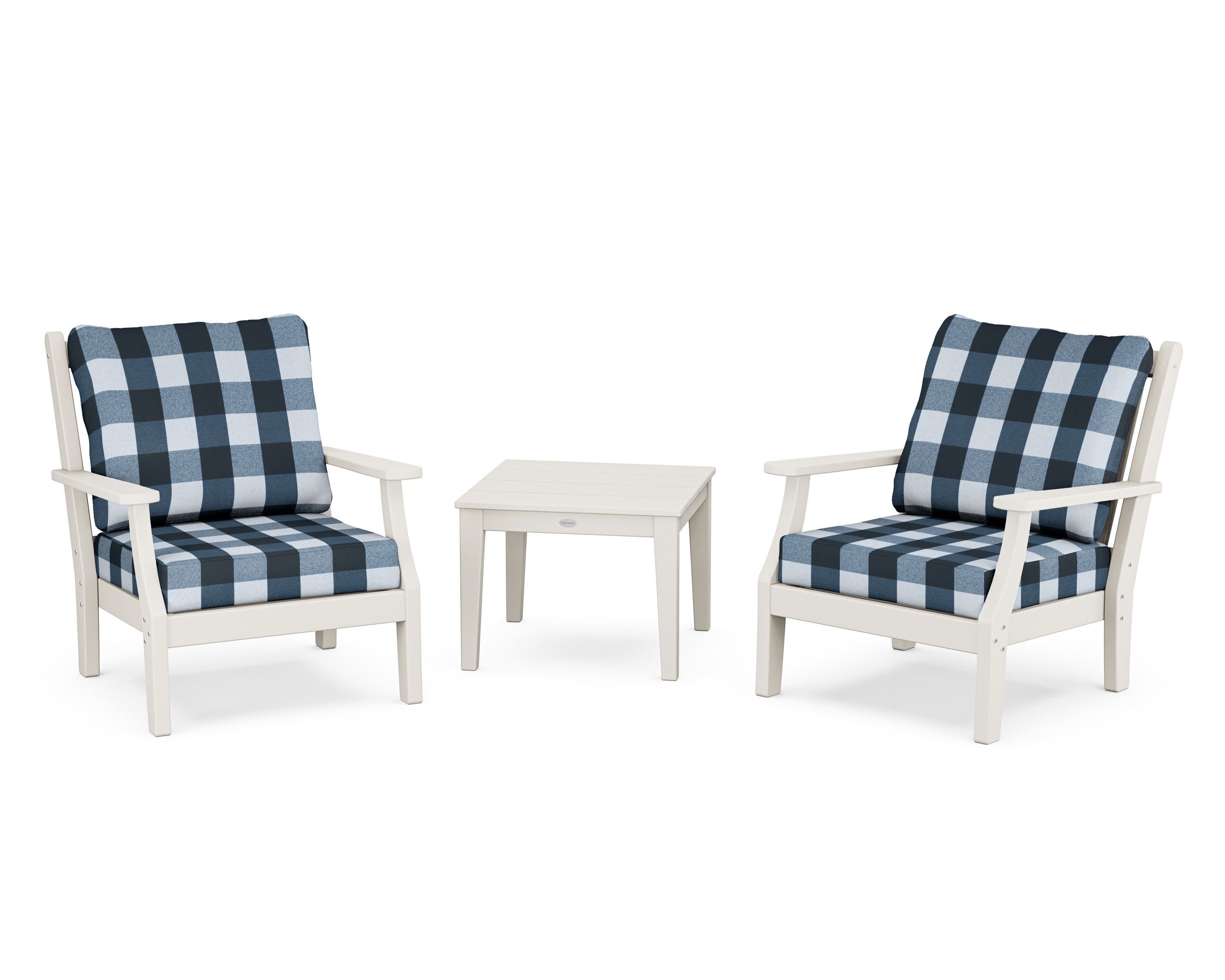 Wovendale 3-Piece Deep Seating Set in Sand / Buffalo Plaid Marine Indigo