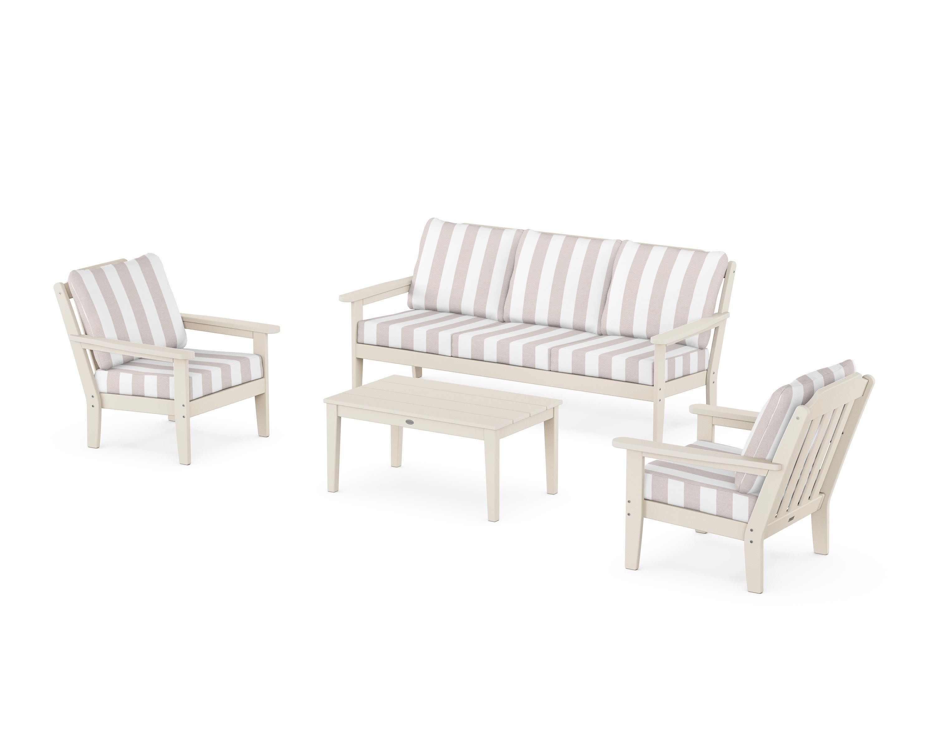 Cottage 4-Piece Deep Seating Set with Sofa in Sand / Cabana Stripe Dune Burlap