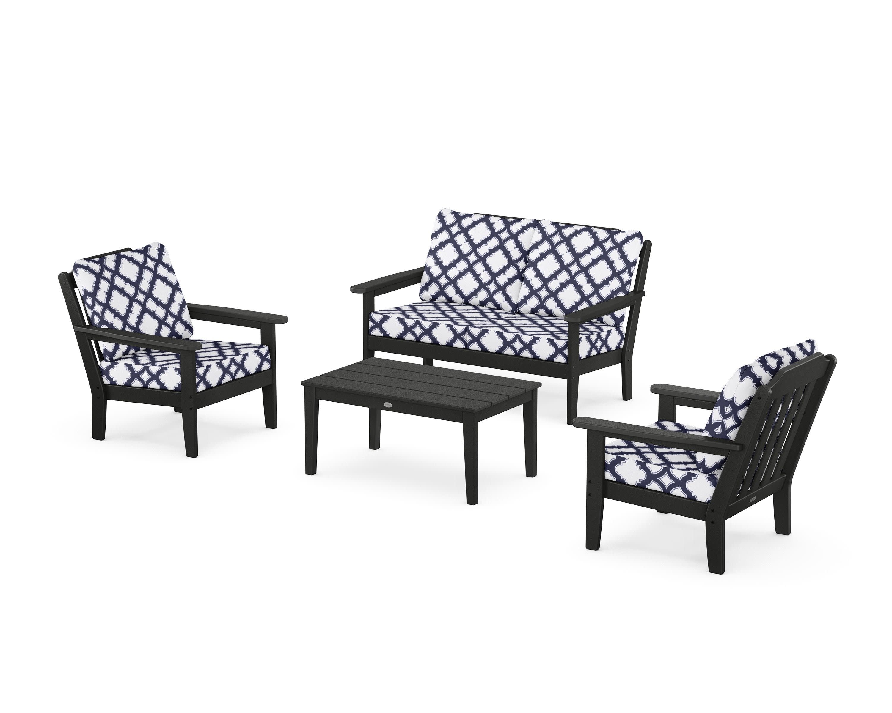 Cottage 4-Piece Deep Seating Set with Loveseat in Black / Trellis Navy