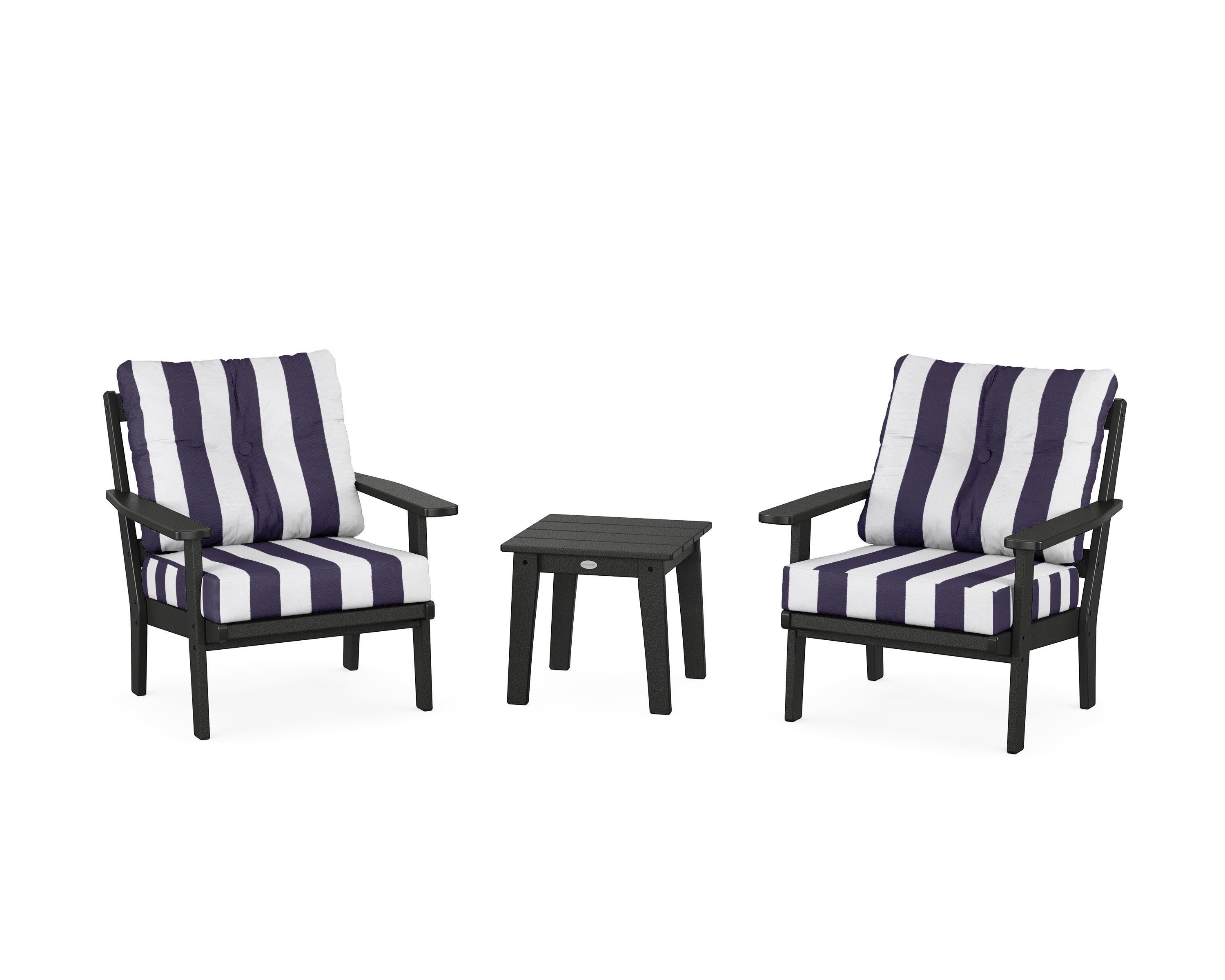 Prairie 3-Piece Deep Seating Set in Black / Cabana Stripe Navy