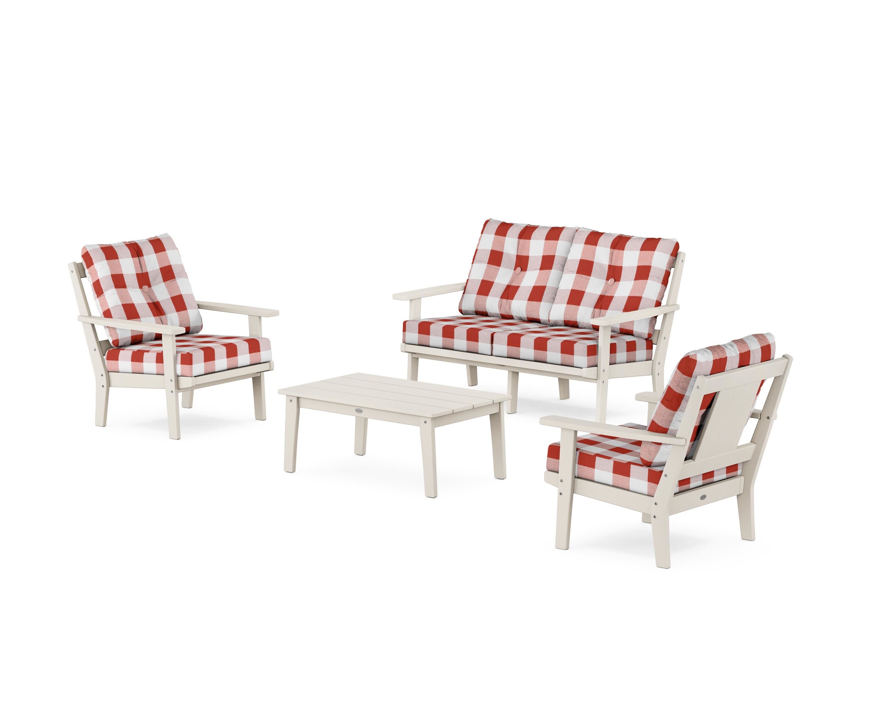 Prairie 4-Piece Deep Seating Set with Loveseat in Sand / Buffalo Plaid Crimson