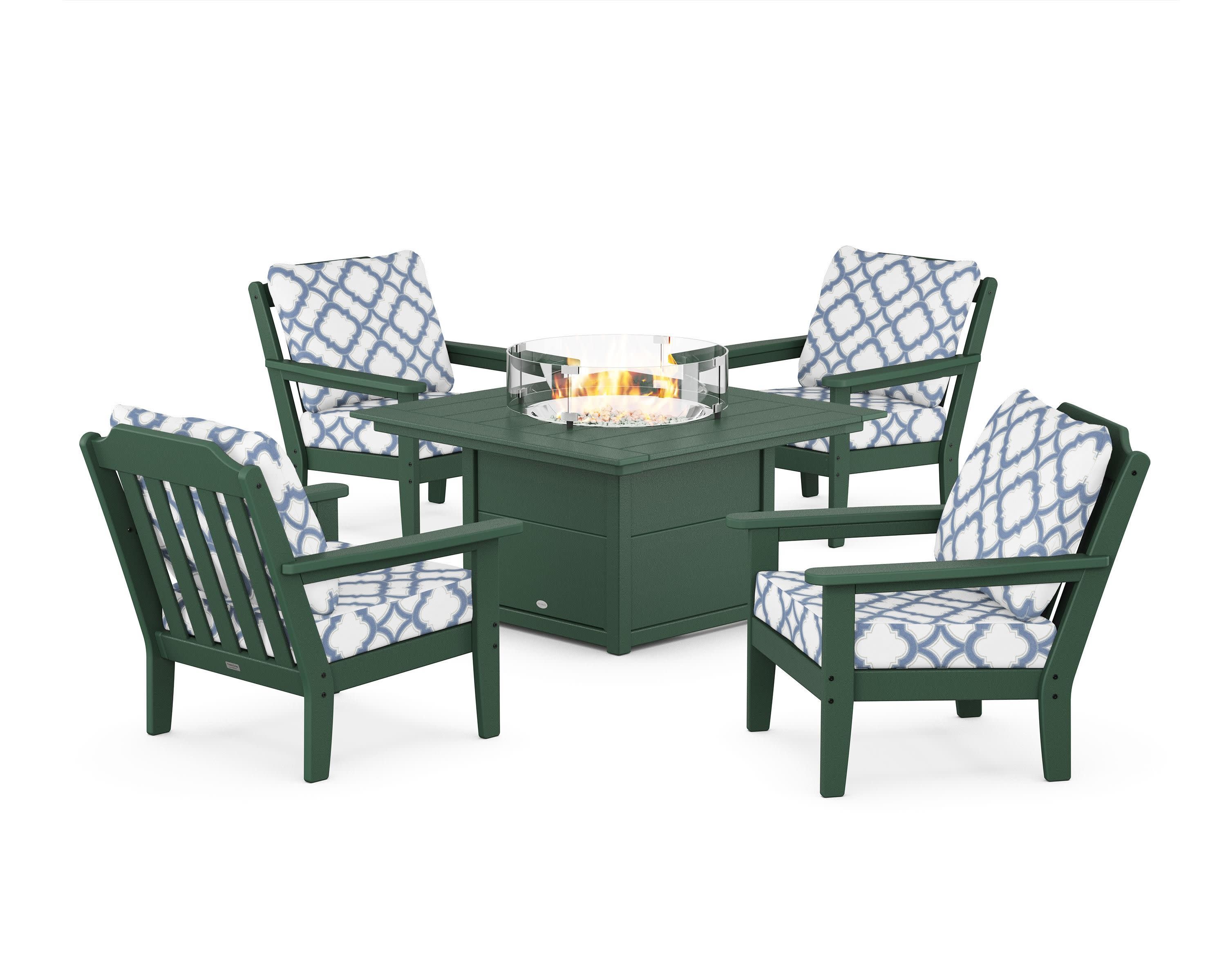 Cottage 5-Piece Deep Seating Set with Fire Pit Table in Green / Trellis Sky Blue