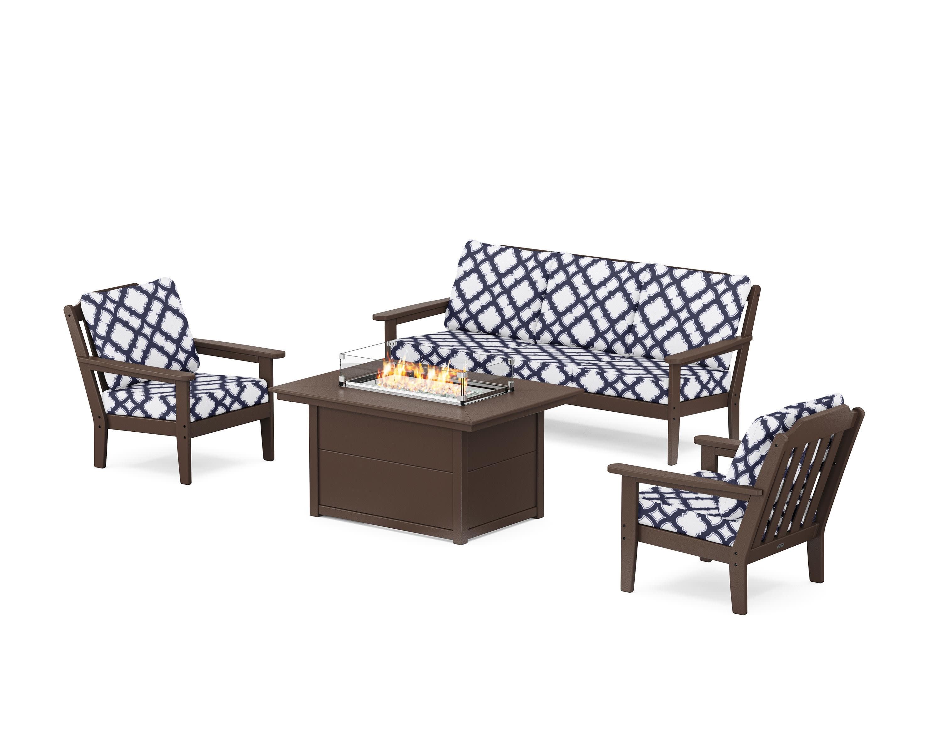 Cottage Deep Seating Fire Pit Table Set in Mahogany / Trellis Navy