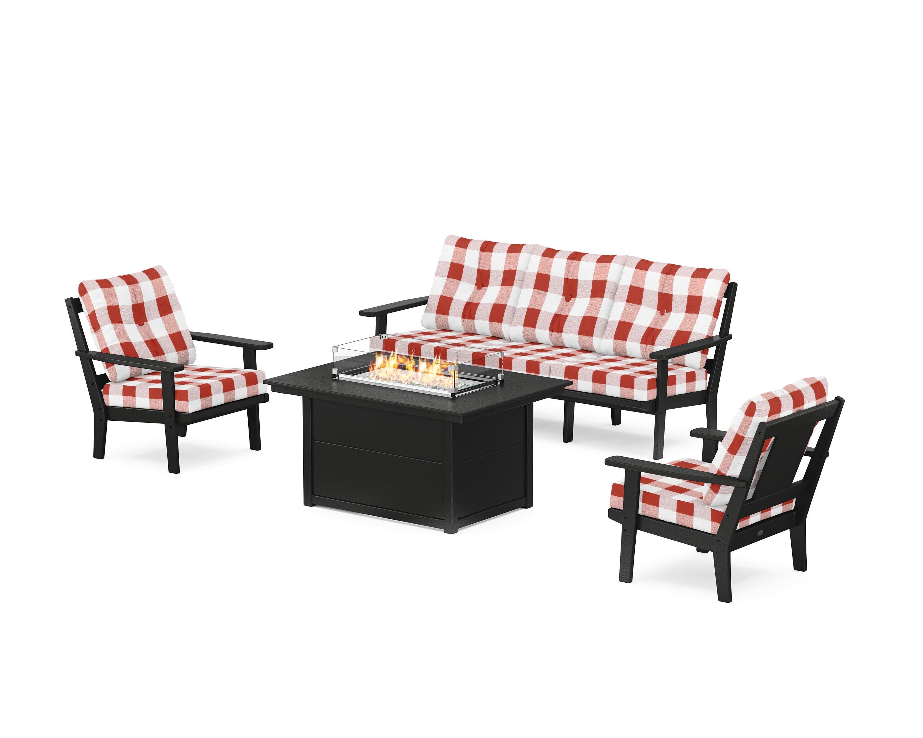 Prairie Deep Seating Fire Pit Table Set in Black / Buffalo Plaid Crimson