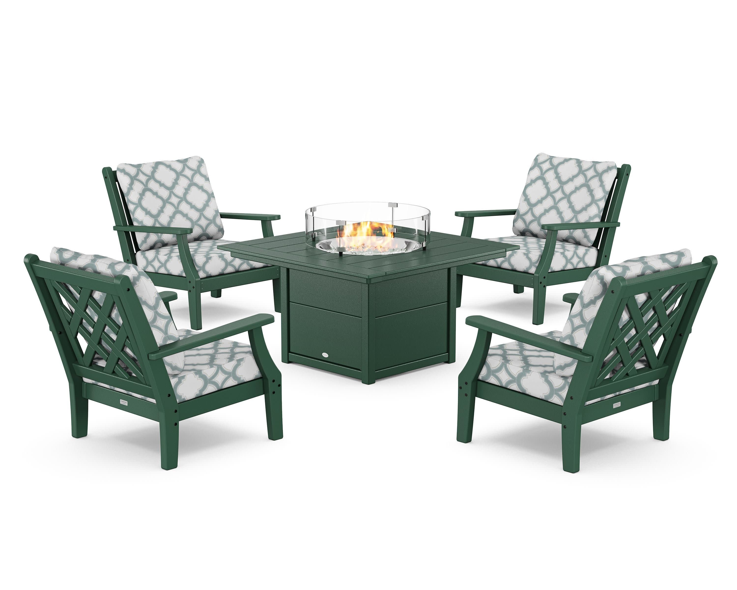 Wovendale 5-Piece Deep Seating Set with Fire Pit Table in Green / Trellis Glacier Spa