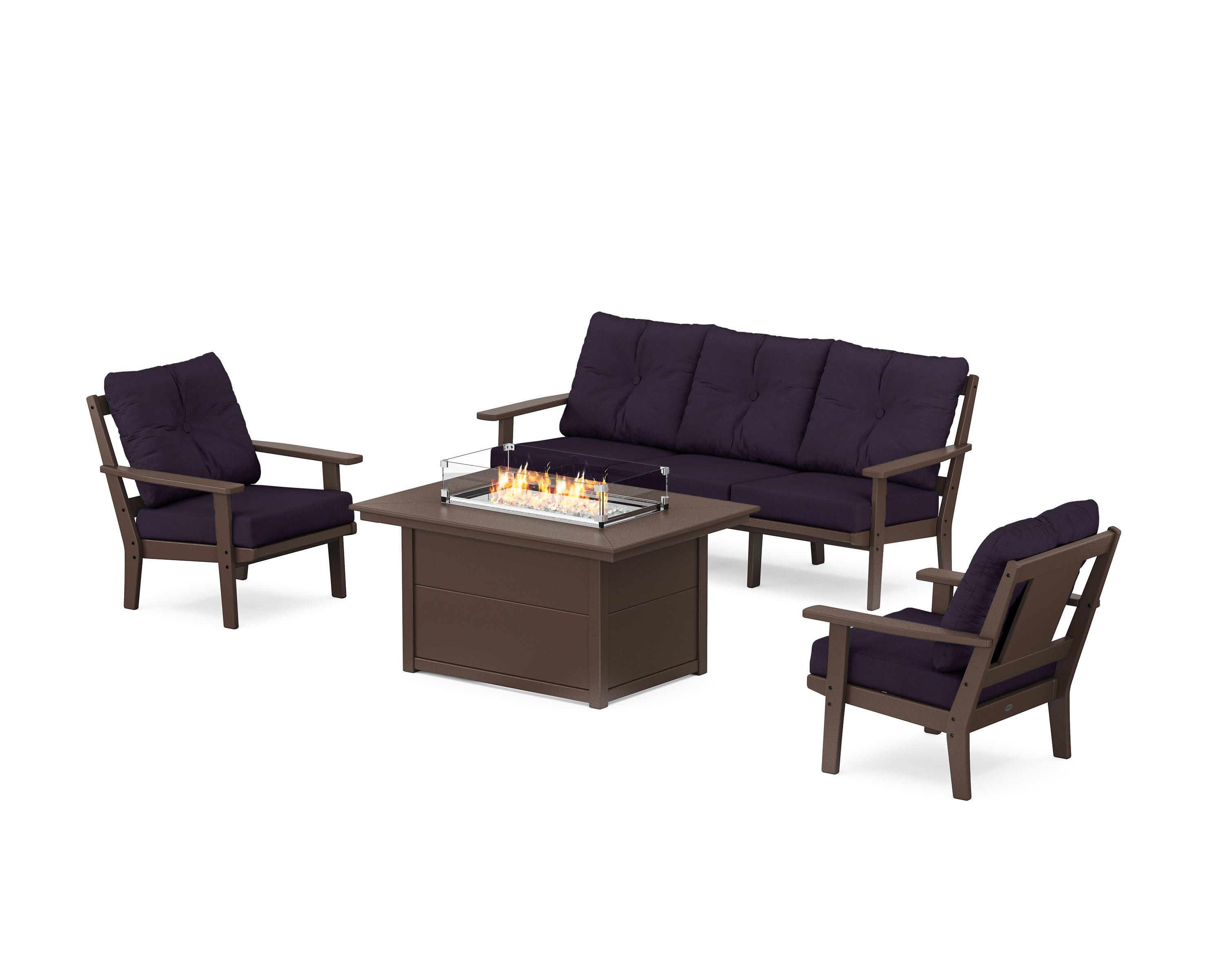 Prairie Deep Seating Fire Pit Table Set in Mahogany / Navy Linen
