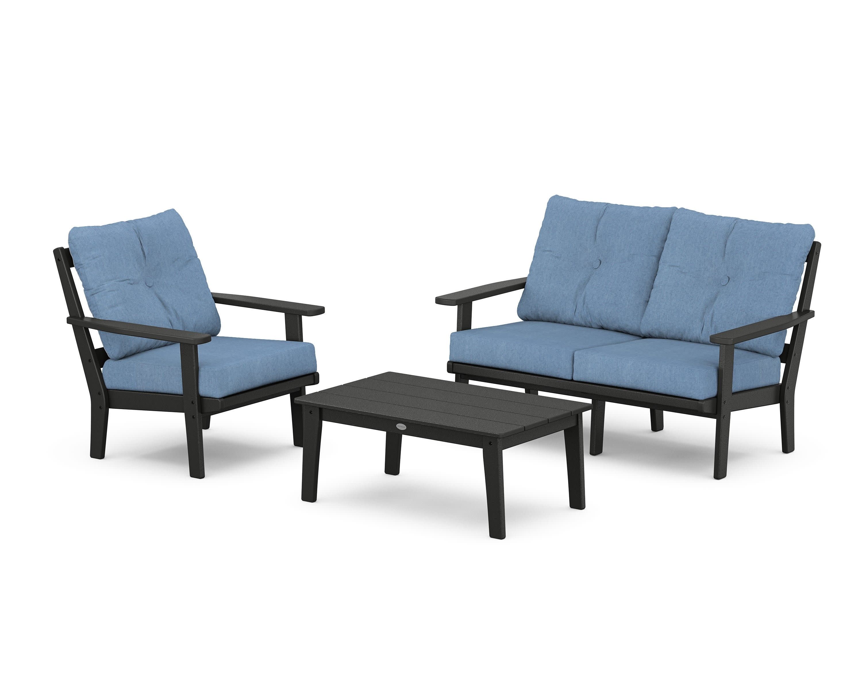 Prairie 3-Piece Deep Seating Set with Loveseat in Black / Sky Blue