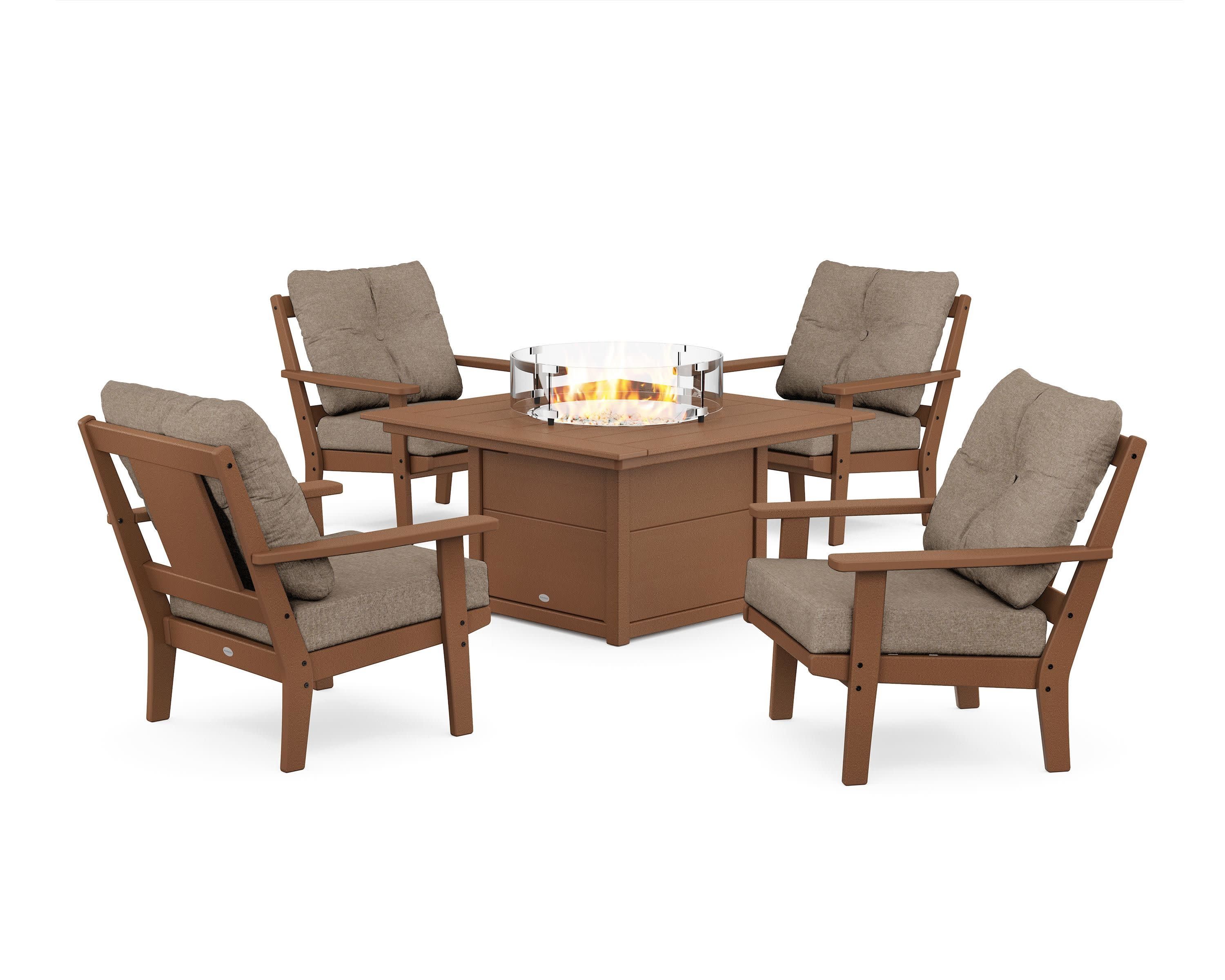 Prairie 5-Piece Deep Seating Set with Fire Pit Table in Teak / Spiced Burlap