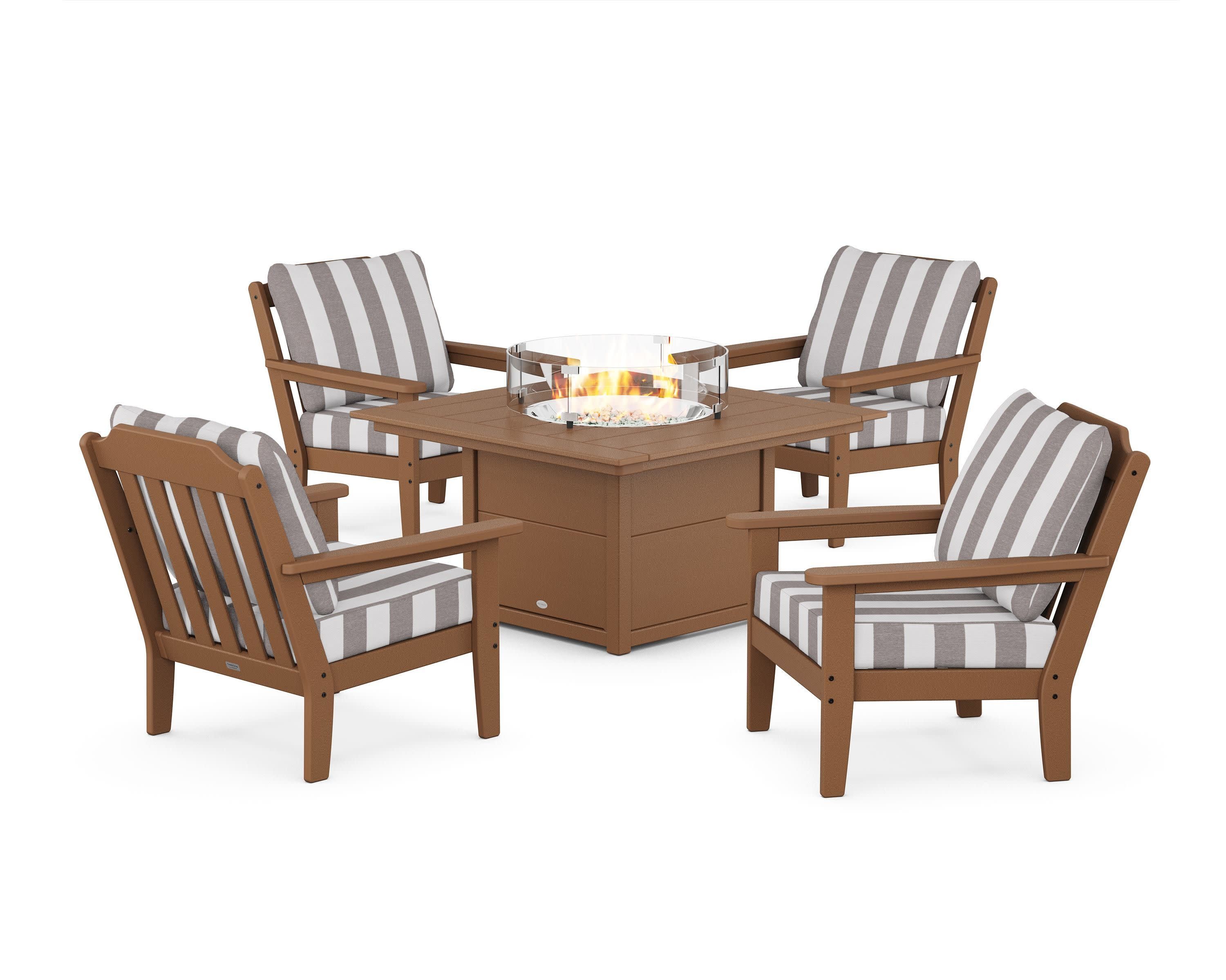 Cottage 5-Piece Deep Seating Set with Fire Pit Table in Teak / Cabana Stripe Grey Mist
