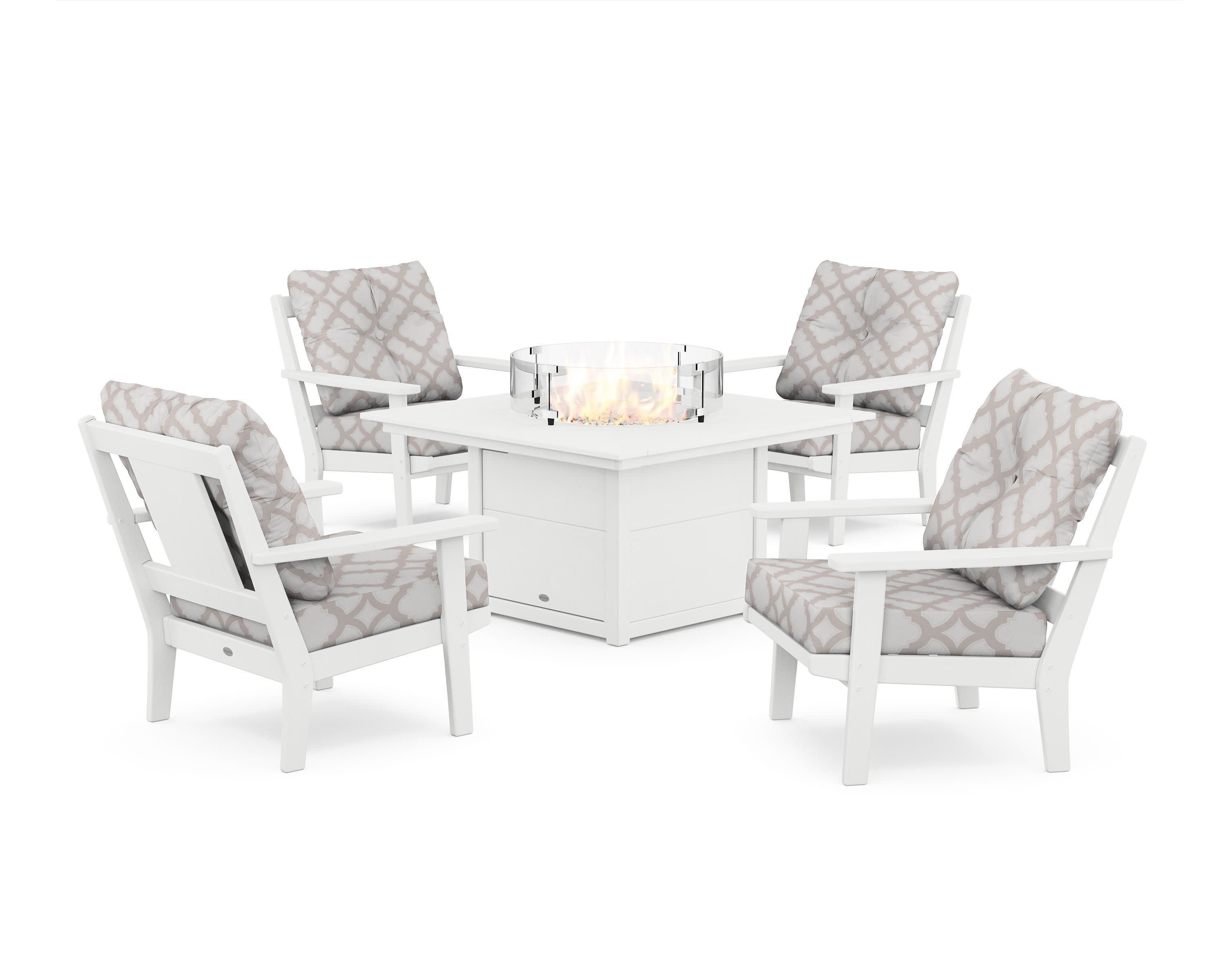 Prairie 5-Piece Deep Seating Set with Fire Pit Table in White / Trellis Dune Burlap