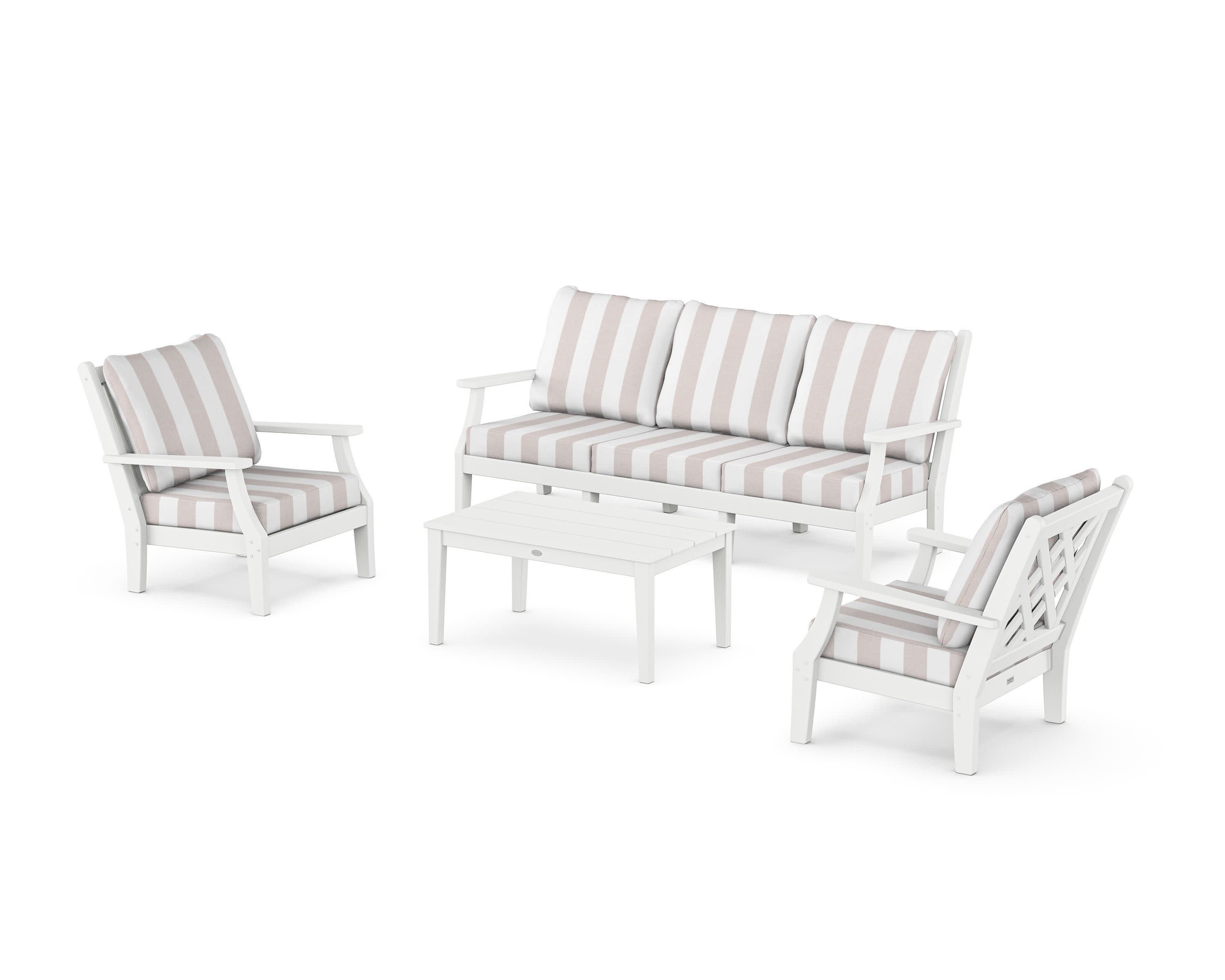 Wovendale 4-Piece Deep Seating Set with Sofa in White / Cabana Stripe Dune Burlap
