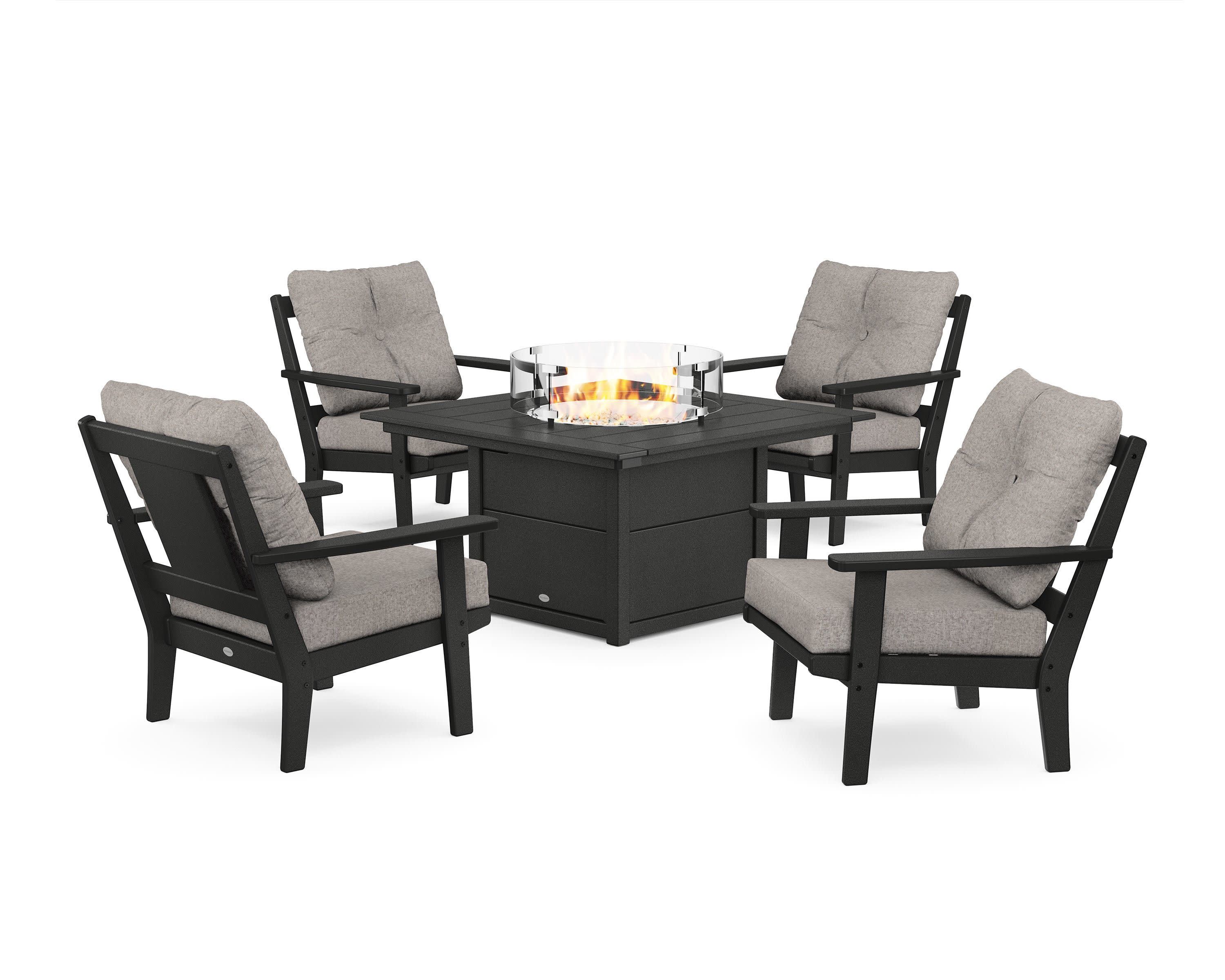 Prairie 5-Piece Deep Seating Set with Fire Pit Table in Black / Weathered Tweed
