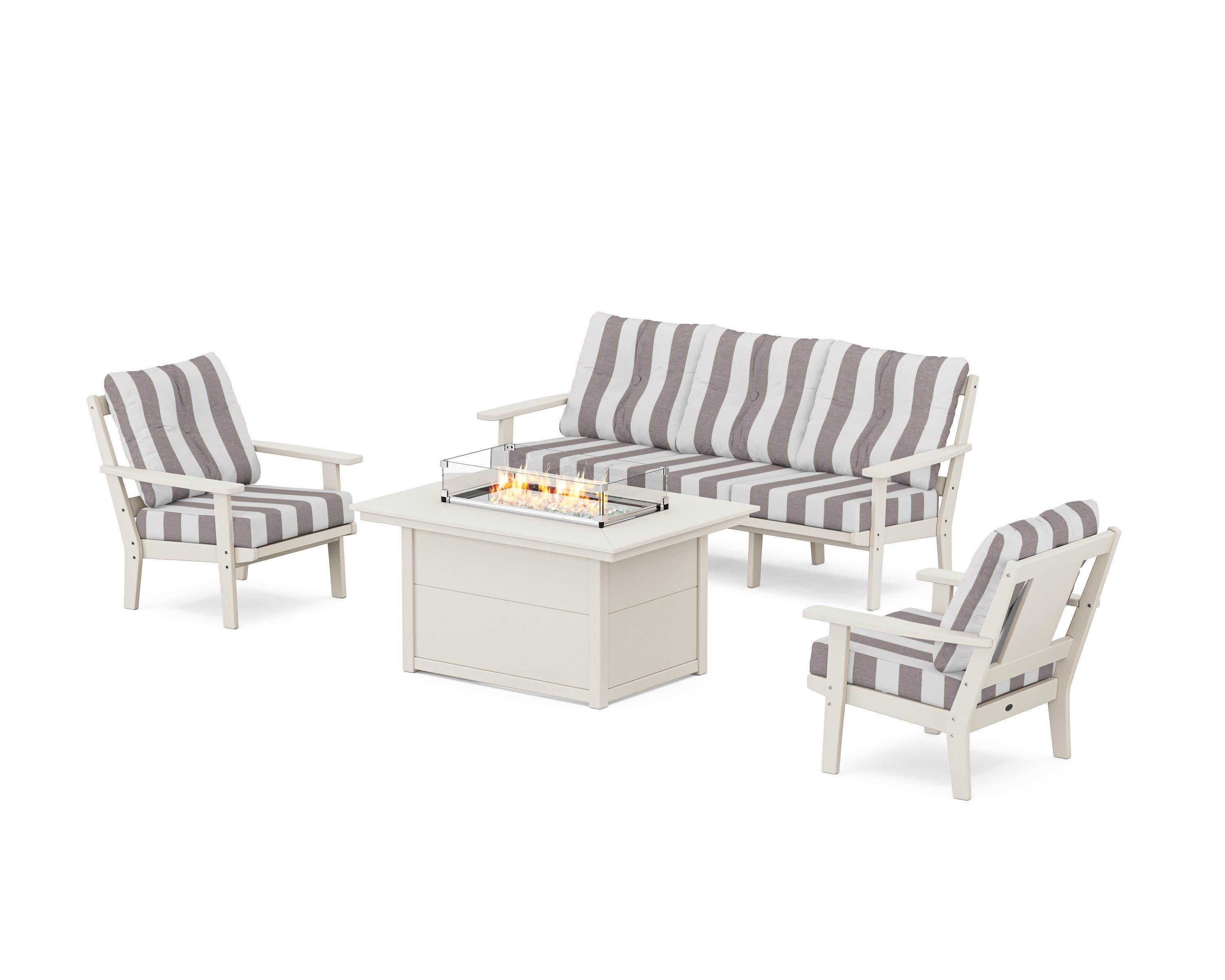 Prairie Deep Seating Fire Pit Table Set in Sand / Cabana Stripe Grey Mist