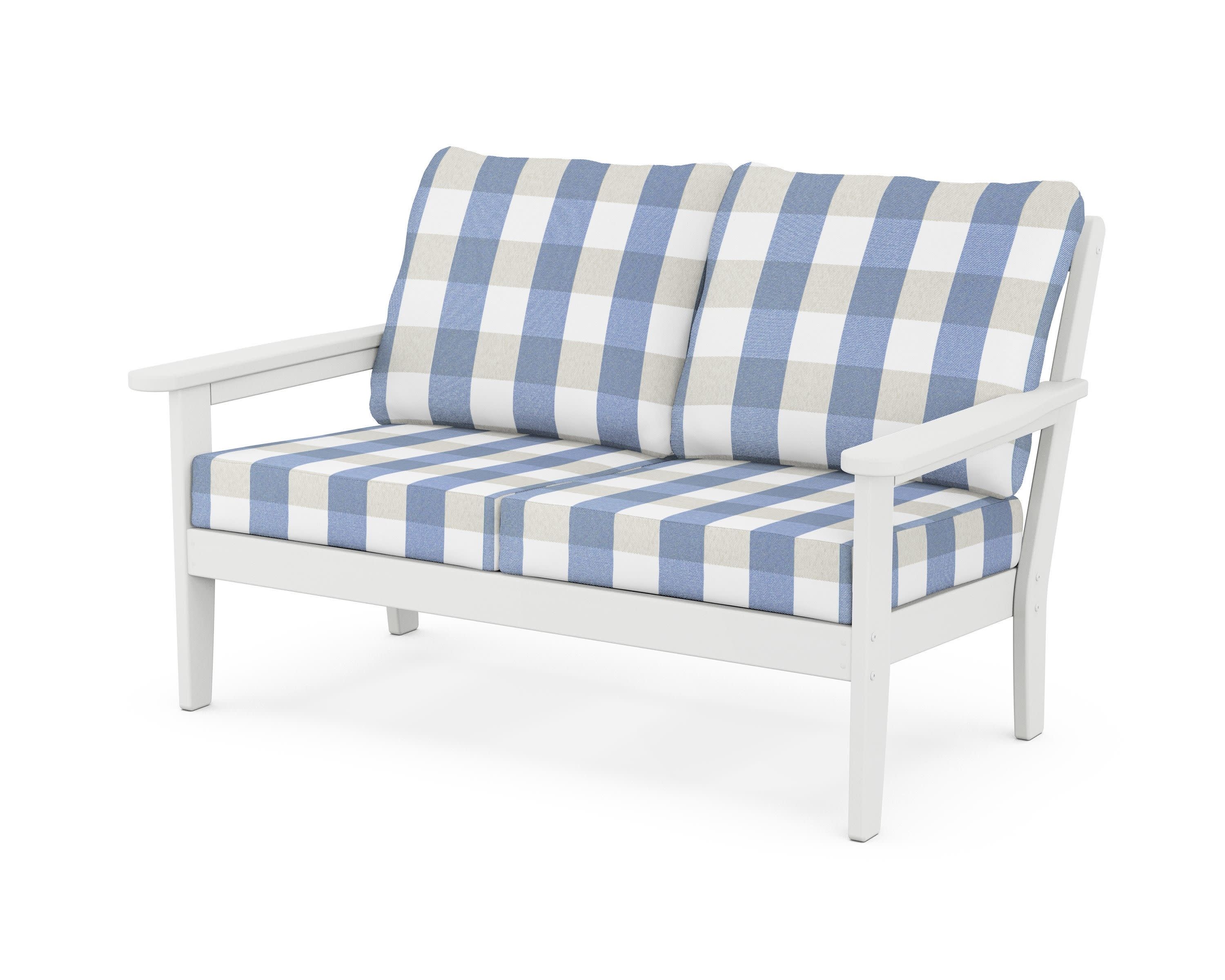 Cottage Deep Seating Loveseat in White / Buffalo Plaid Sky Blue