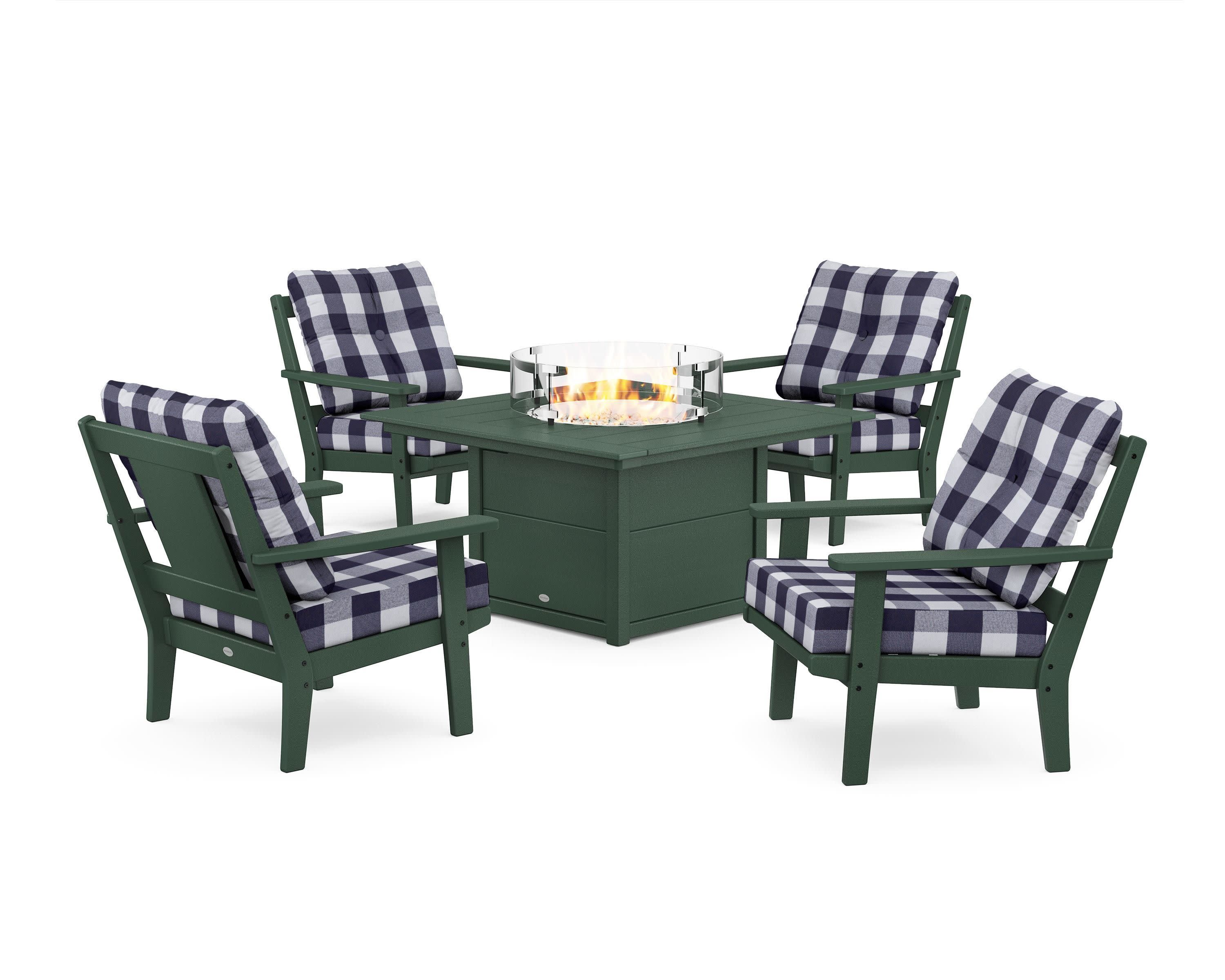 Prairie 5-Piece Deep Seating Set with Fire Pit Table in Green / Buffalo Plaid Navy