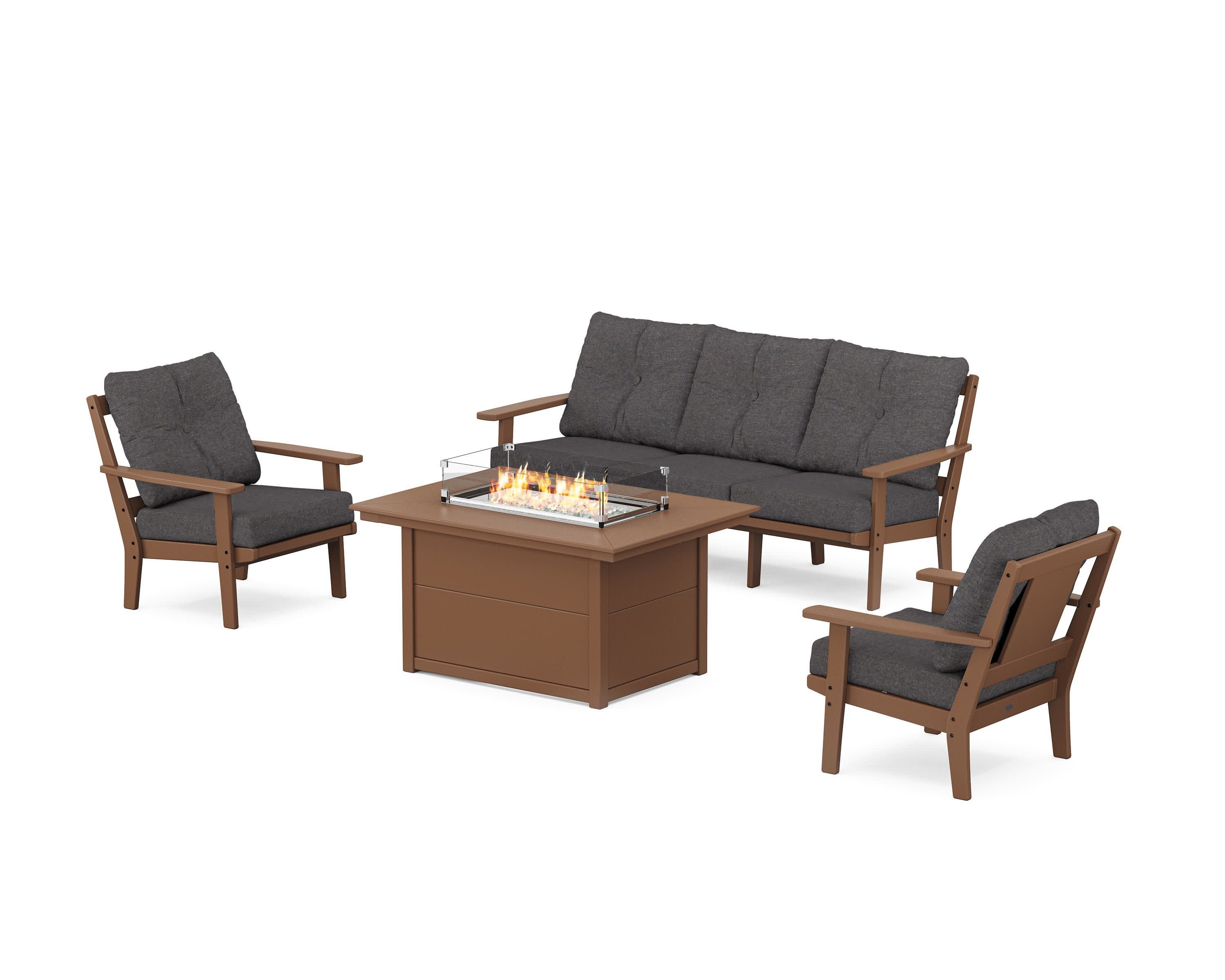 Prairie Deep Seating Fire Pit Table Set in Teak / Ash Charcoal