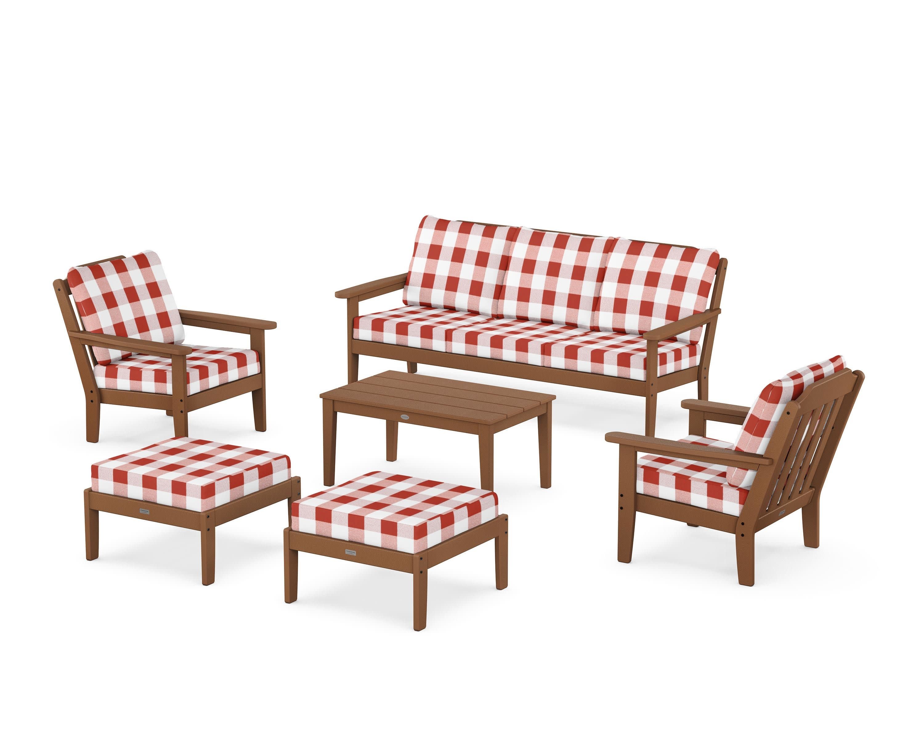 Cottage 6-Piece Lounge Sofa Set in Teak / Buffalo Plaid Crimson