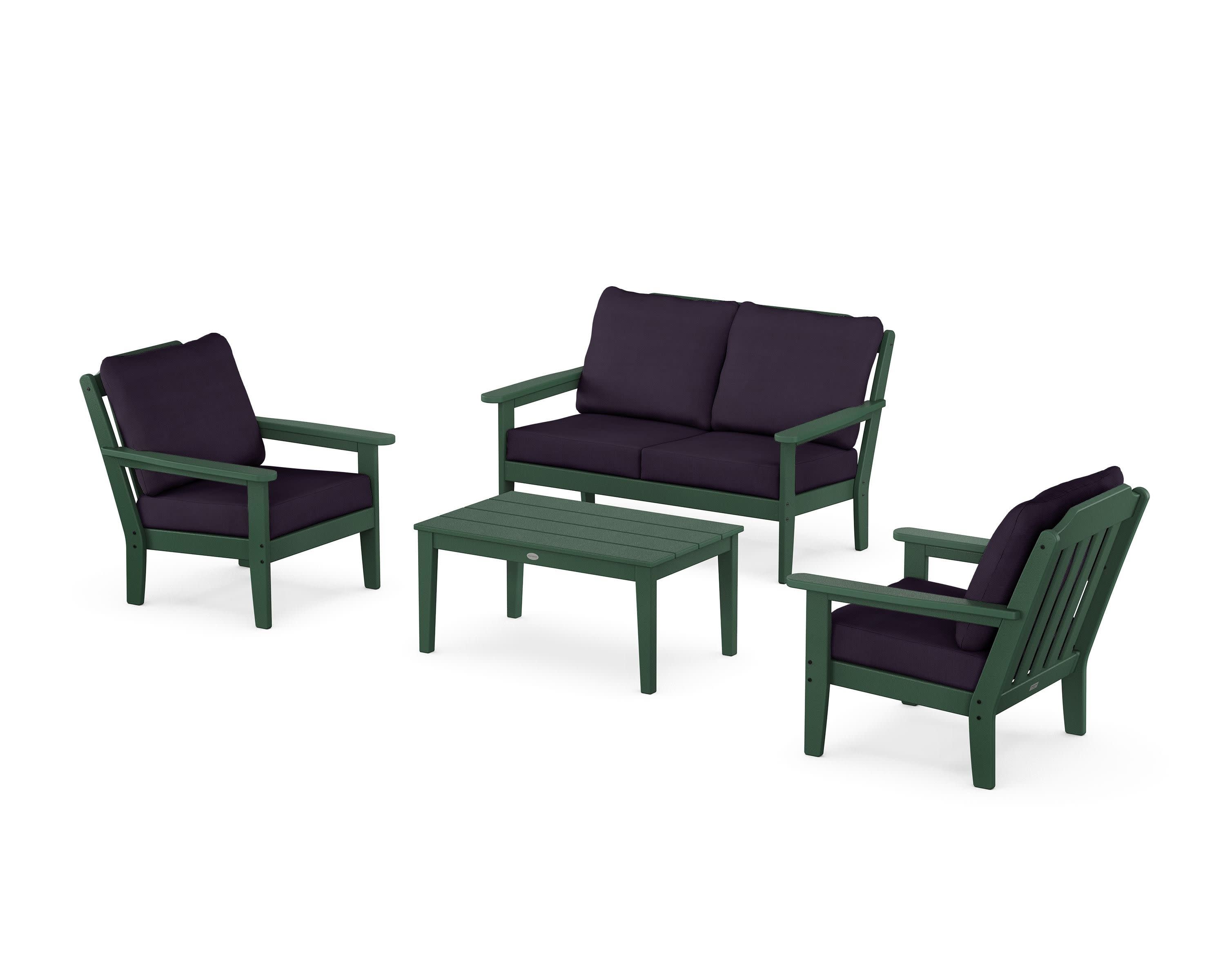 Cottage 4-Piece Deep Seating Set with Loveseat in Green / Navy Linen