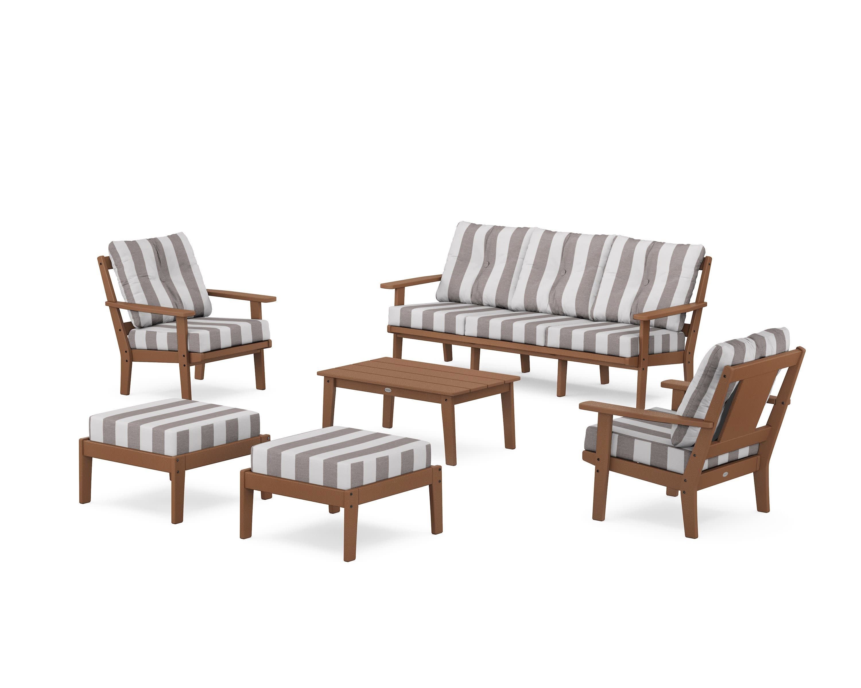Prairie 6-Piece Lounge Sofa Set in Teak / Cabana Stripe Grey Mist