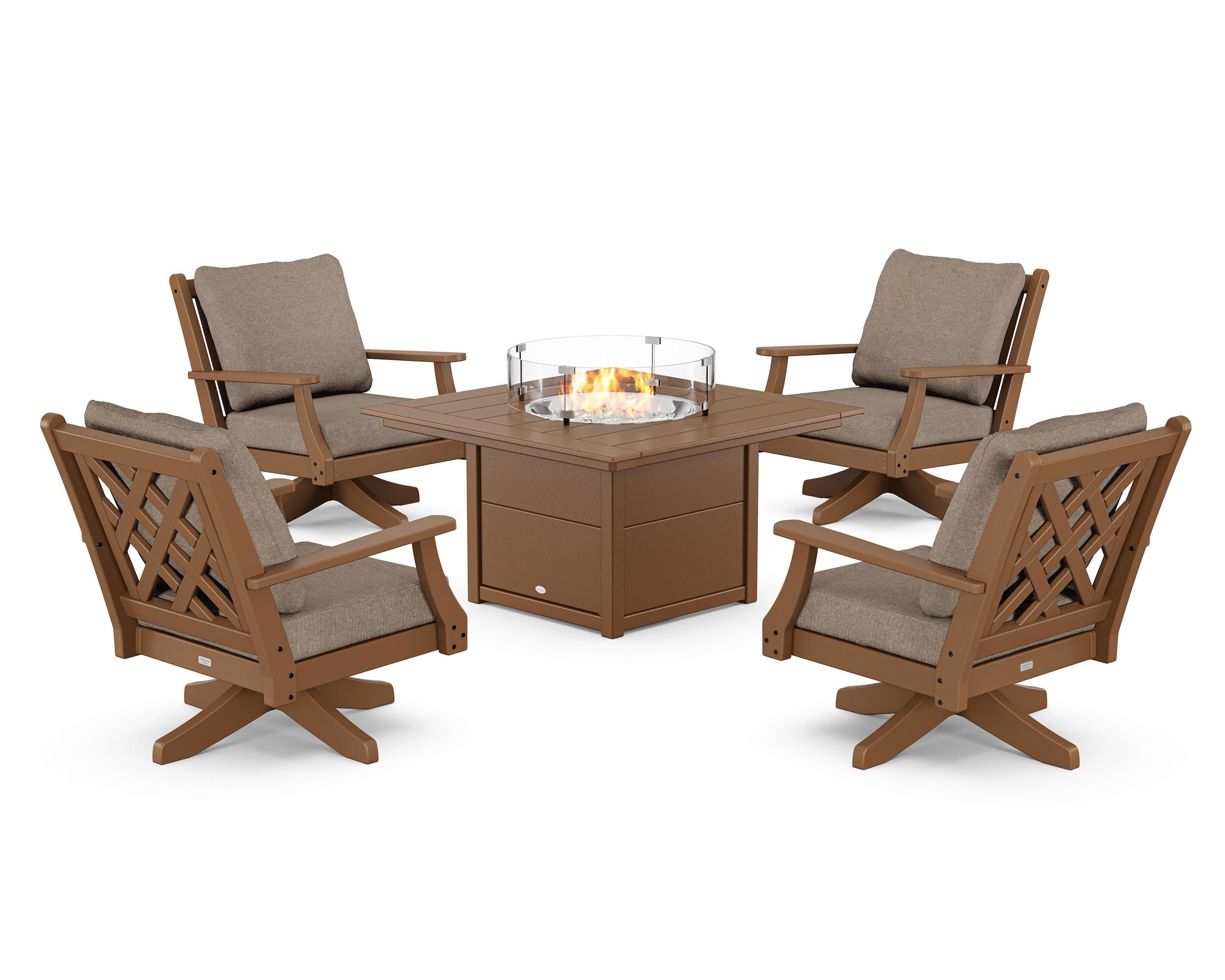 Wovendale 5-Piece Deep Seating Swivel Conversation Set with Fire Pit Table in Teak / Spiced Burlap