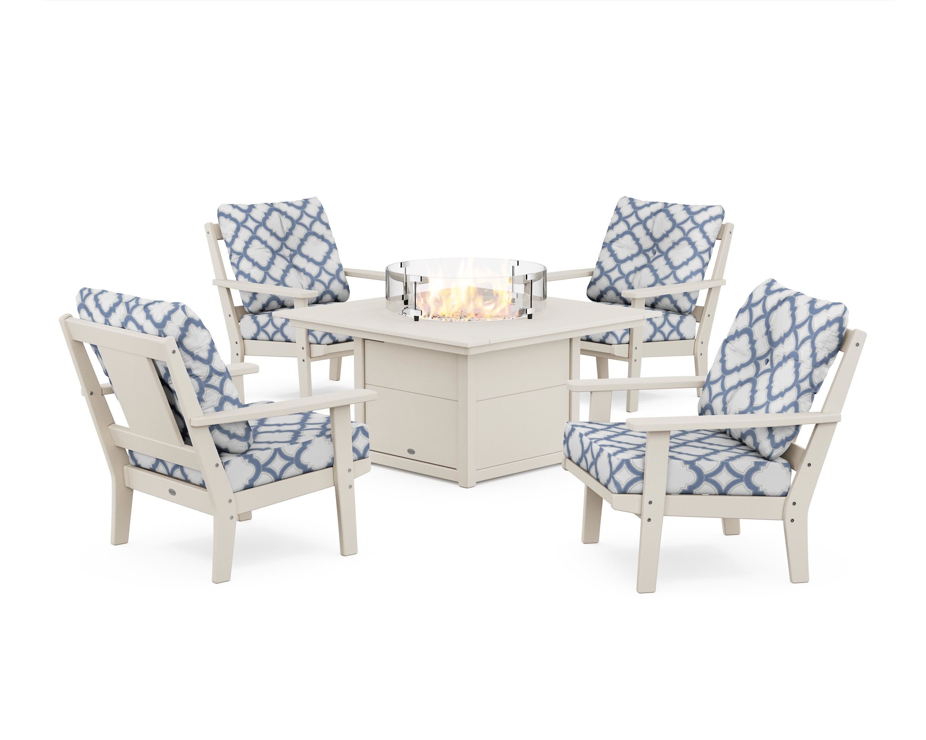 Prairie 5-Piece Deep Seating Set with Fire Pit Table in Sand / Trellis Sky Blue