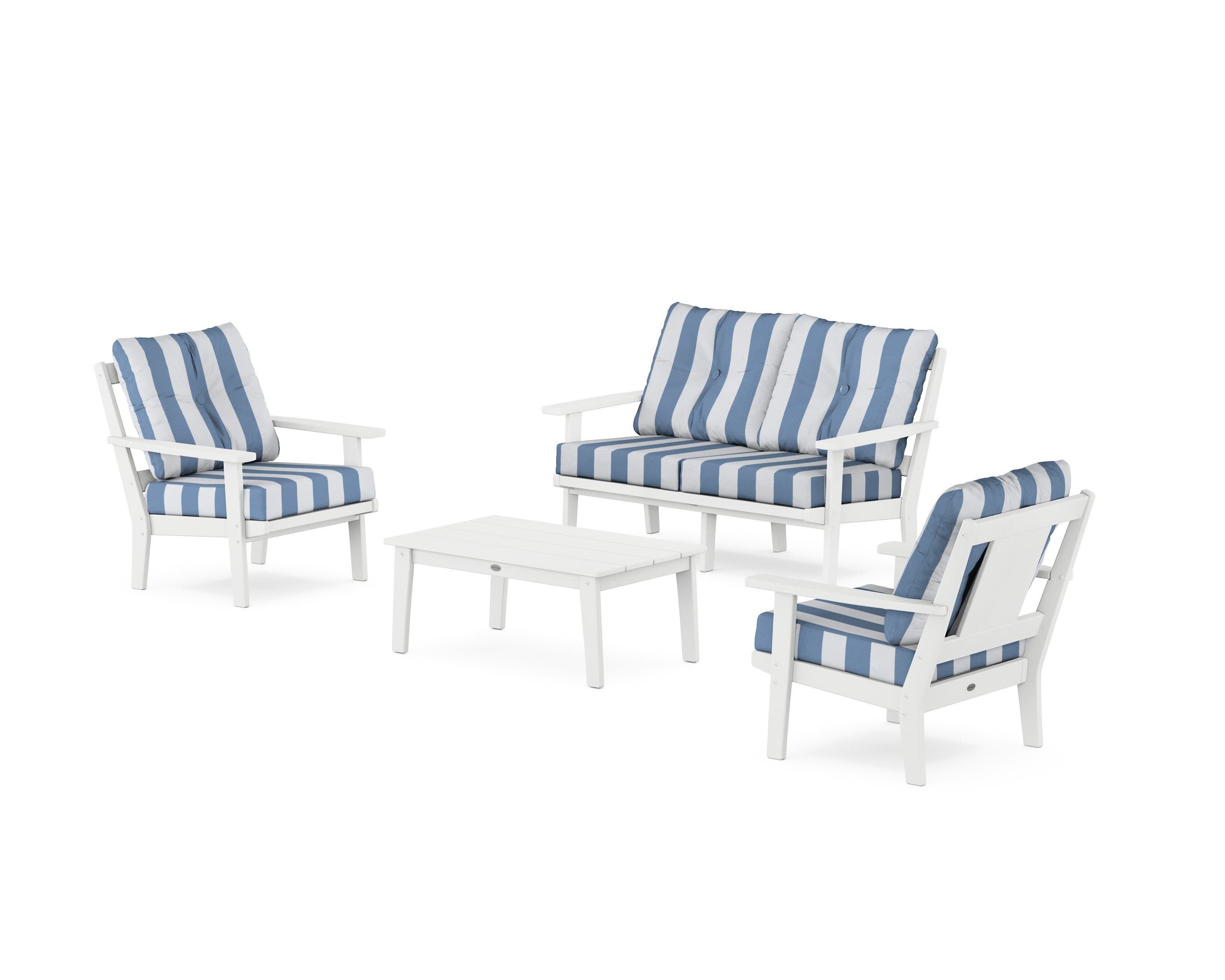 Prairie 4-Piece Deep Seating Set with Loveseat in White / Cabana Stripe Sky Blue