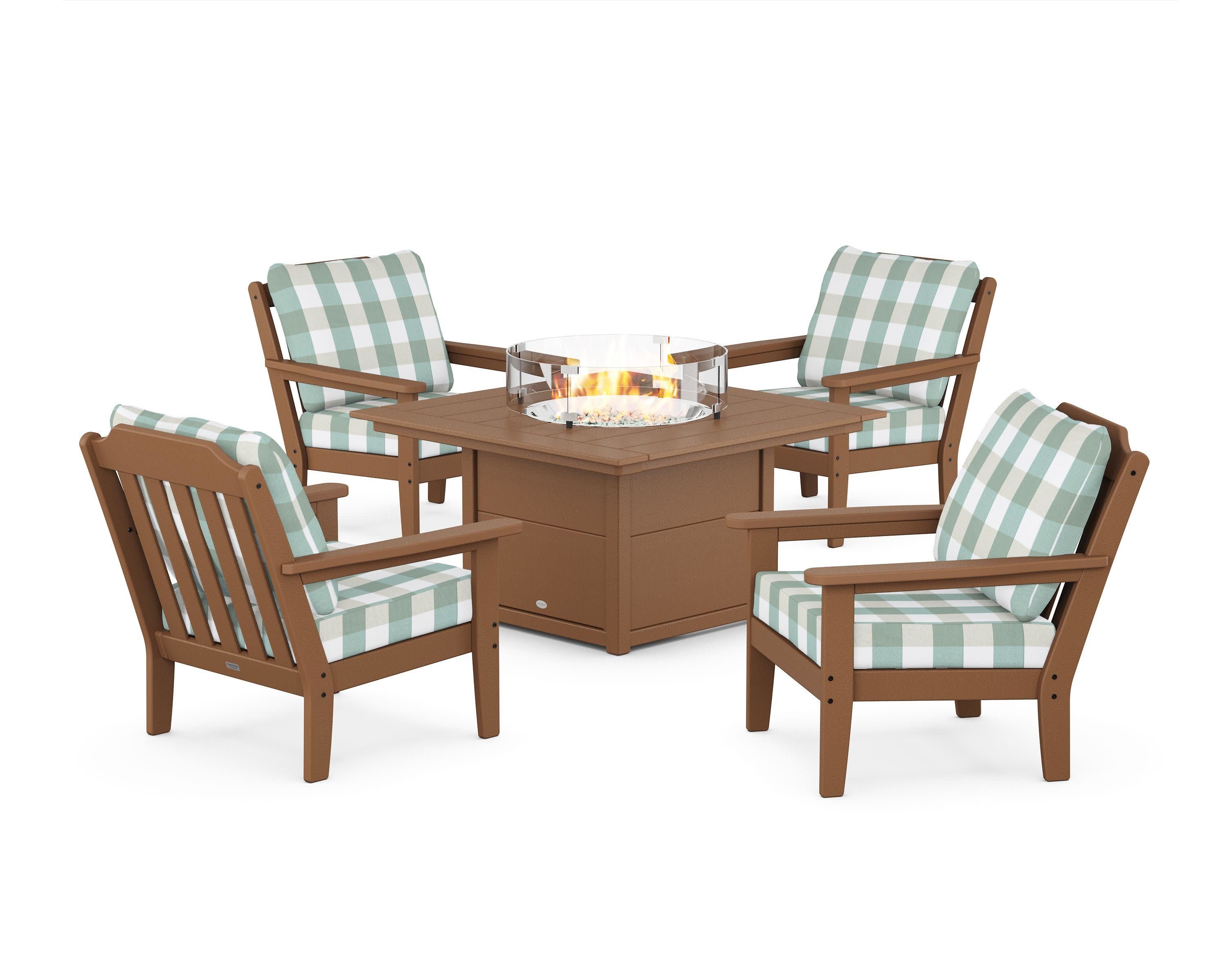Cottage 5-Piece Deep Seating Set with Fire Pit Table in Teak / Buffalo Plaid Glacier Spa