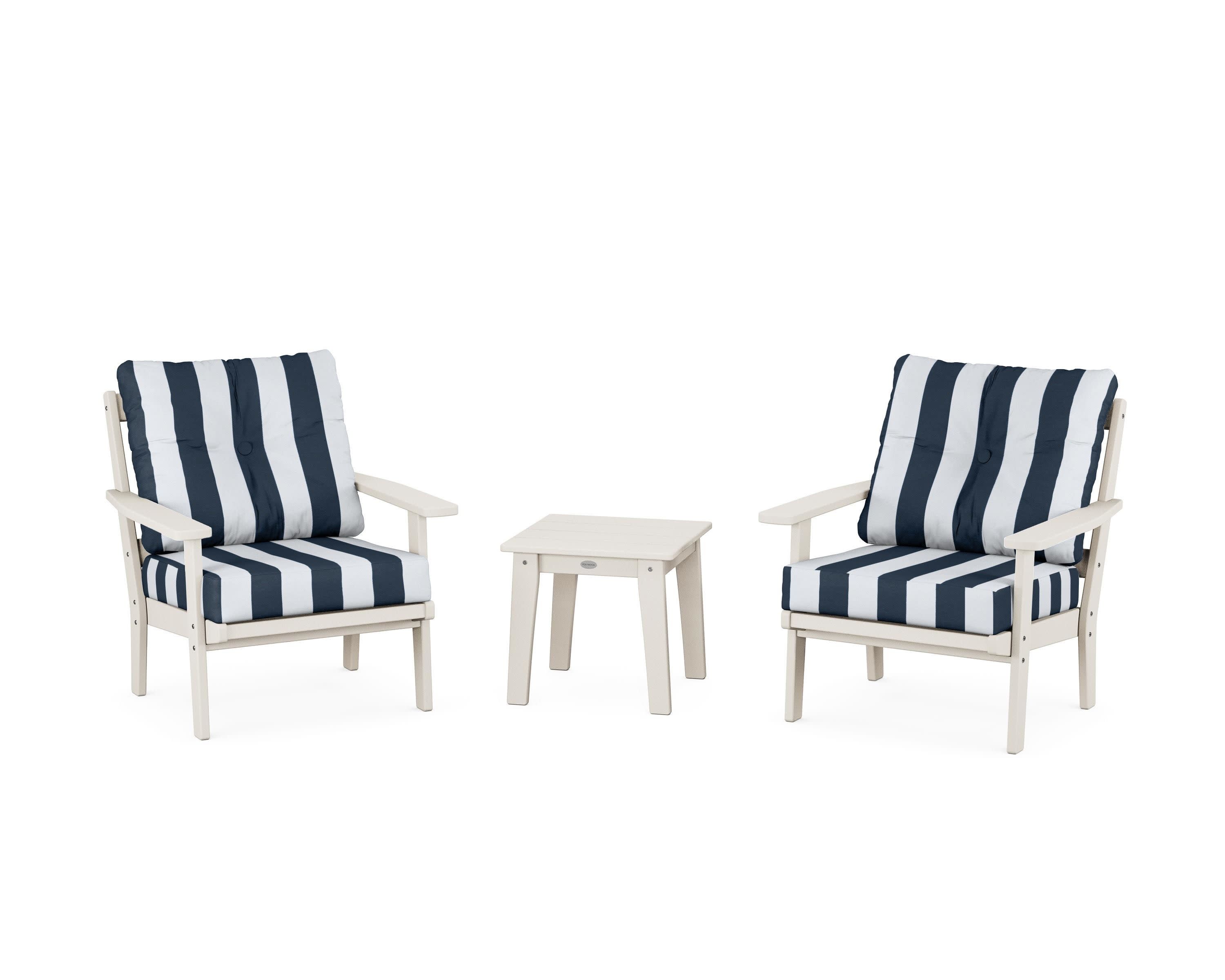 Prairie 3-Piece Deep Seating Set in Sand / Cabana Stripe Marine Indigo