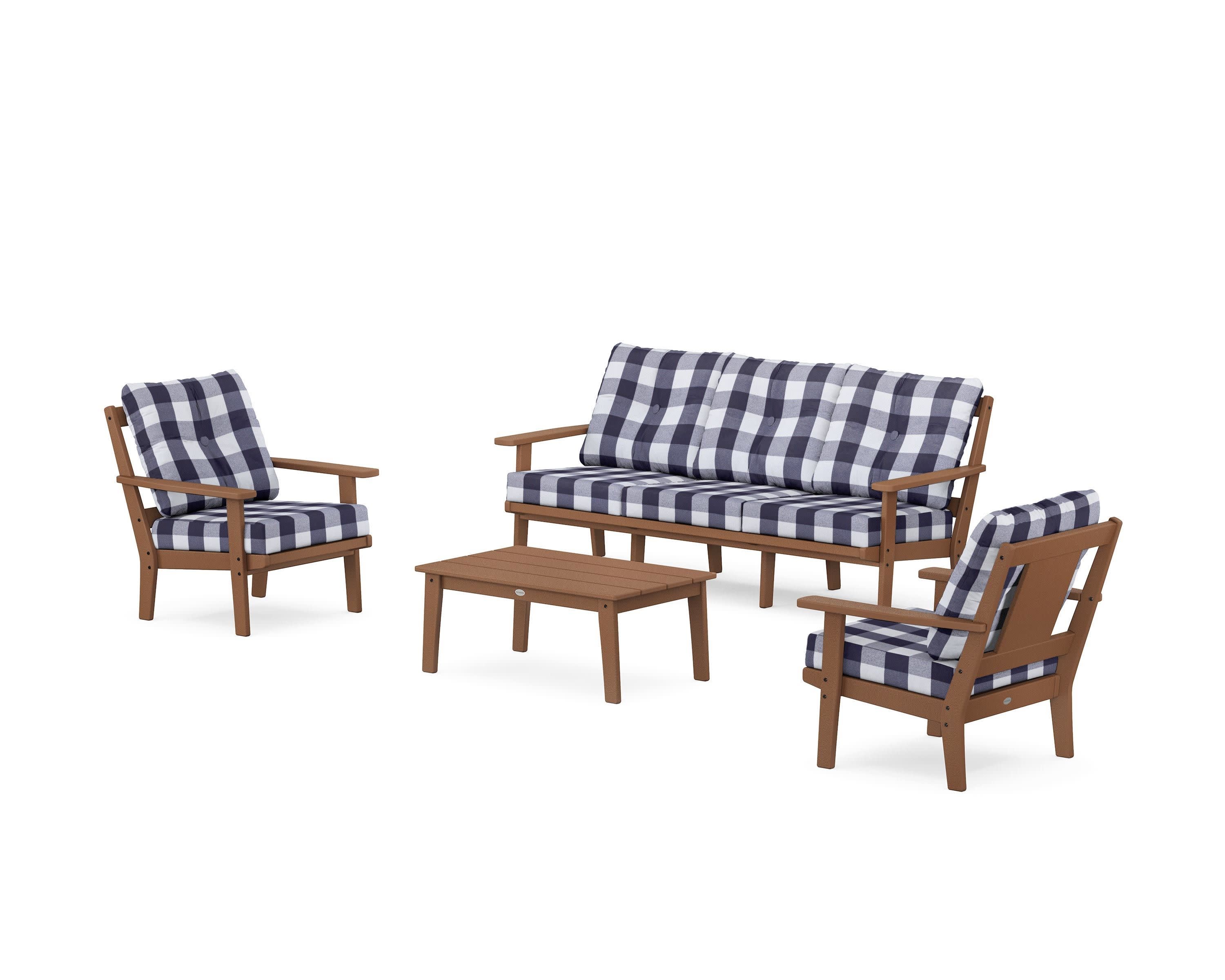 Prairie 4-Piece Deep Seating Set with Sofa in Teak / Buffalo Plaid Navy