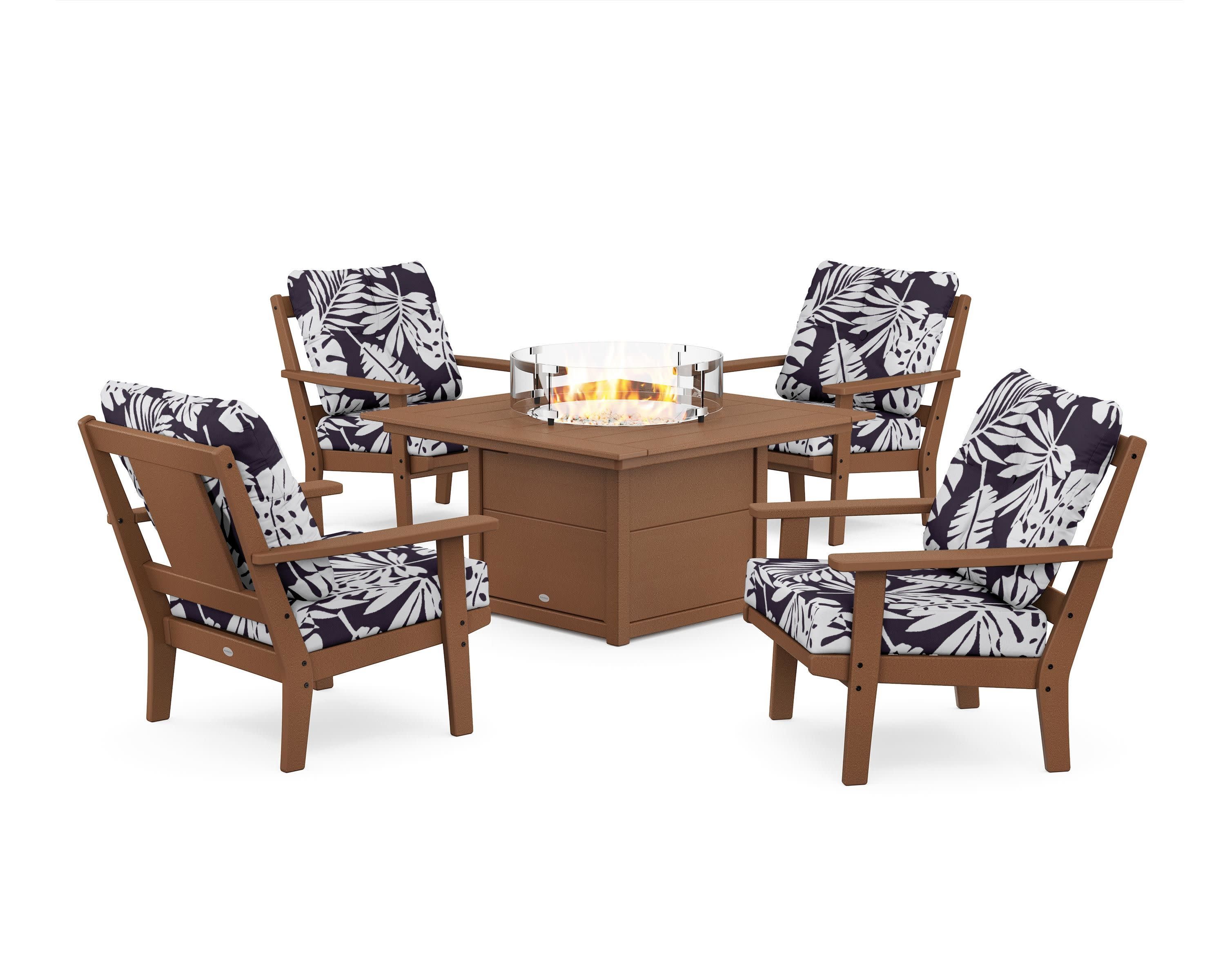 Prairie 5-Piece Deep Seating Set with Fire Pit Table in Teak / Leaf Navy