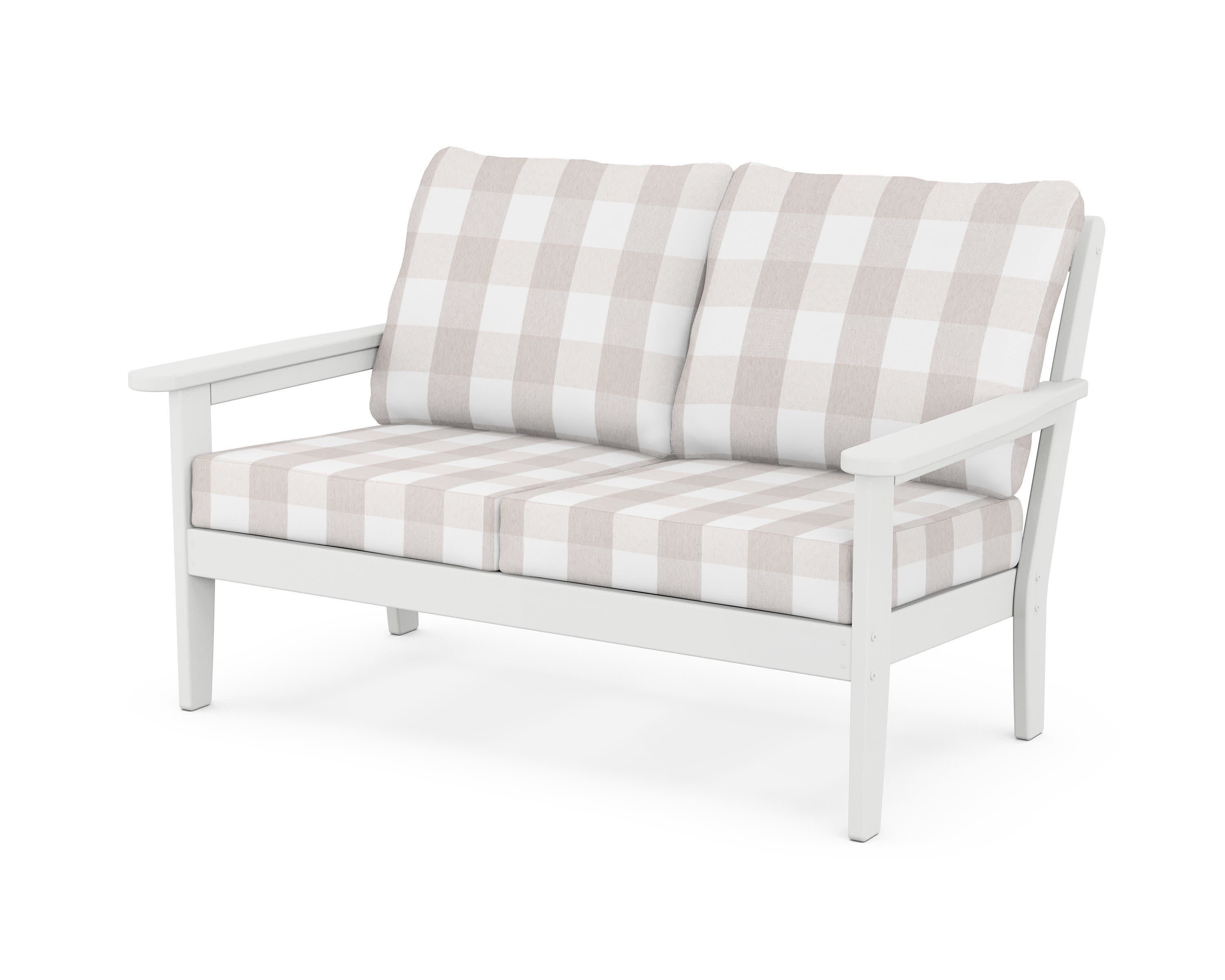 Cottage Deep Seating Loveseat in White / Buffalo Plaid Dune Burlap