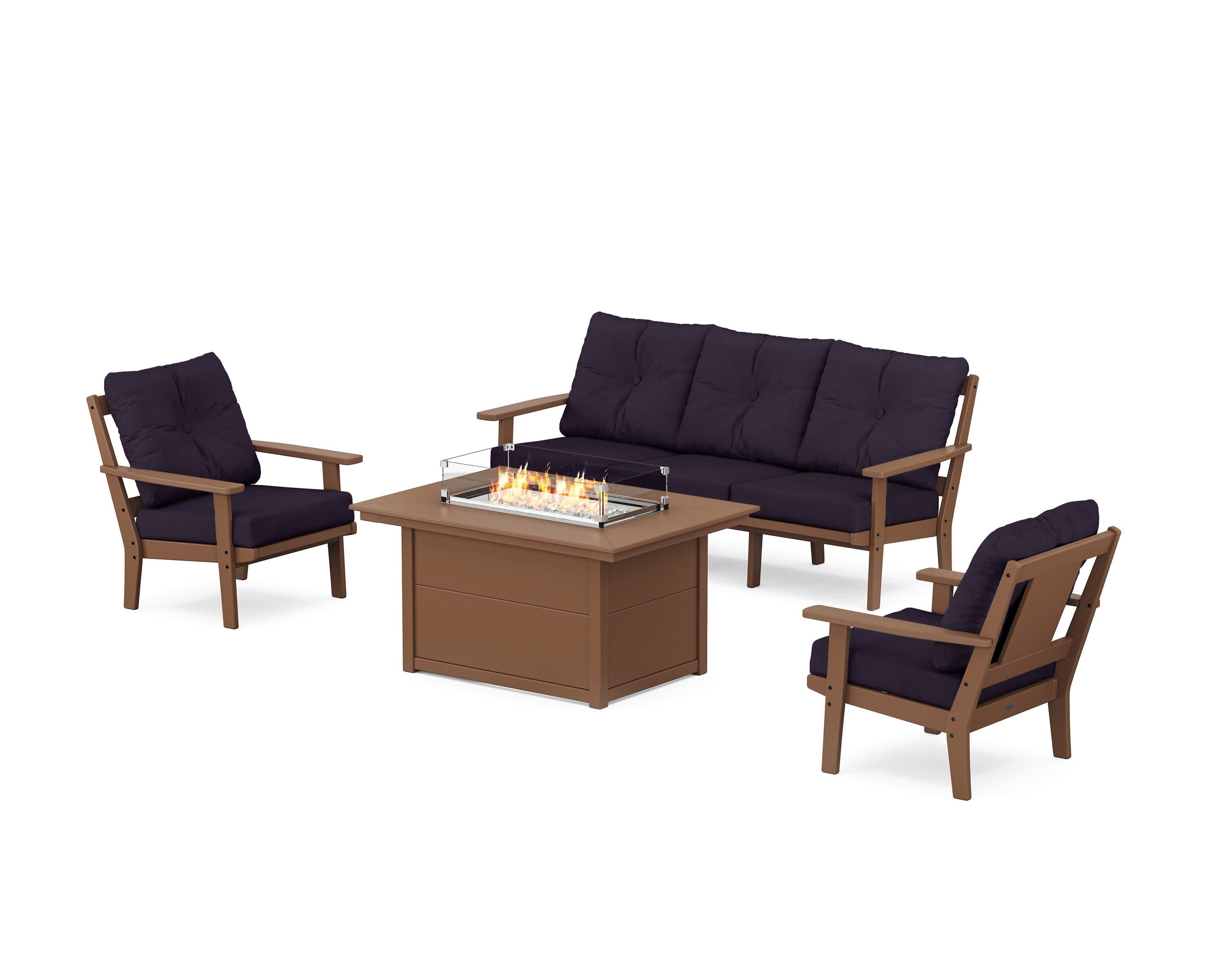 Prairie Deep Seating Fire Pit Table Set in Teak / Navy Linen