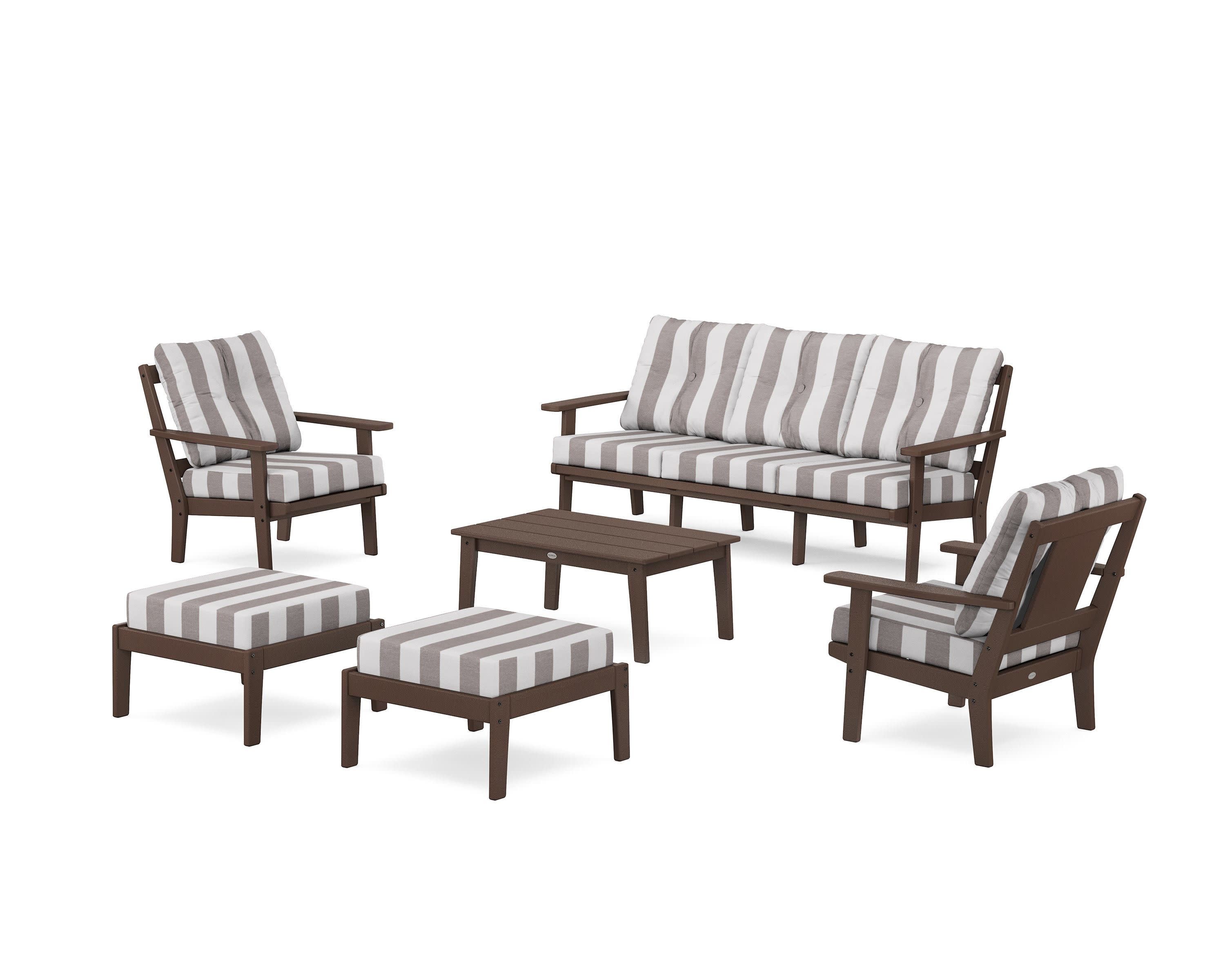 Prairie 6-Piece Lounge Sofa Set in Mahogany / Cabana Stripe Grey Mist