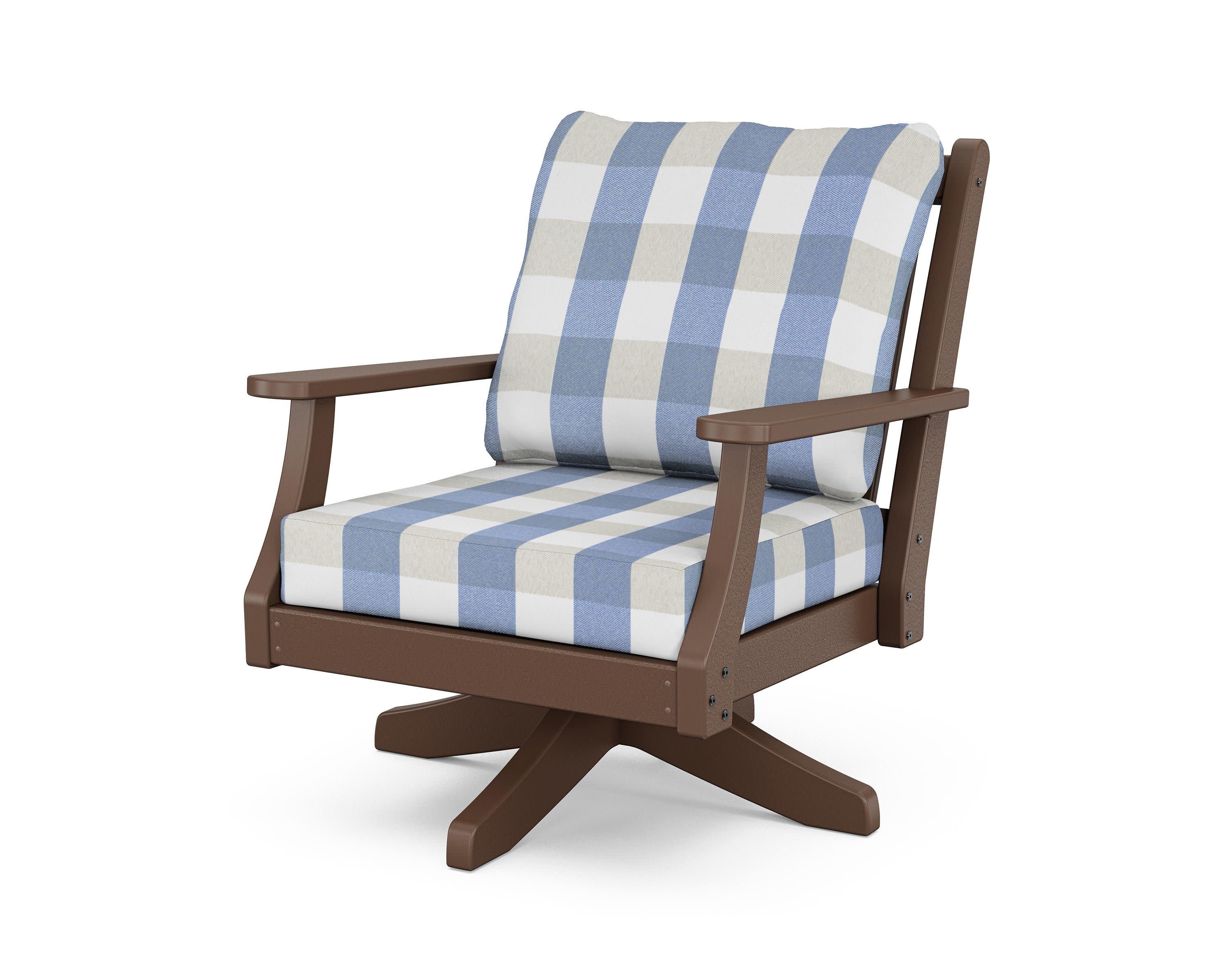 Wovendale Deep Seating Swivel Chair in Mahogany / Buffalo Plaid Sky Blue