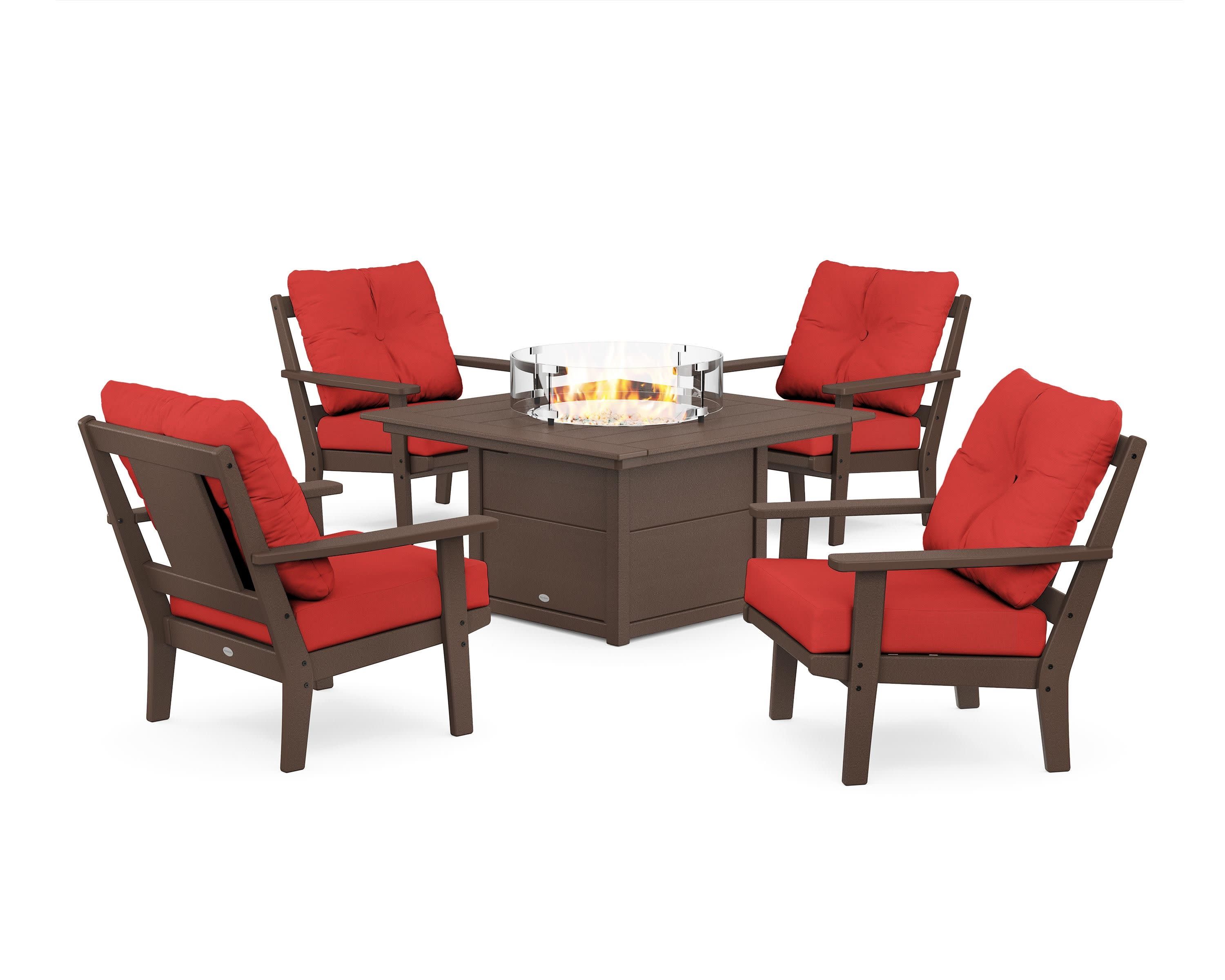 Prairie 5-Piece Deep Seating Set with Fire Pit Table in Mahogany / Crimson Linen