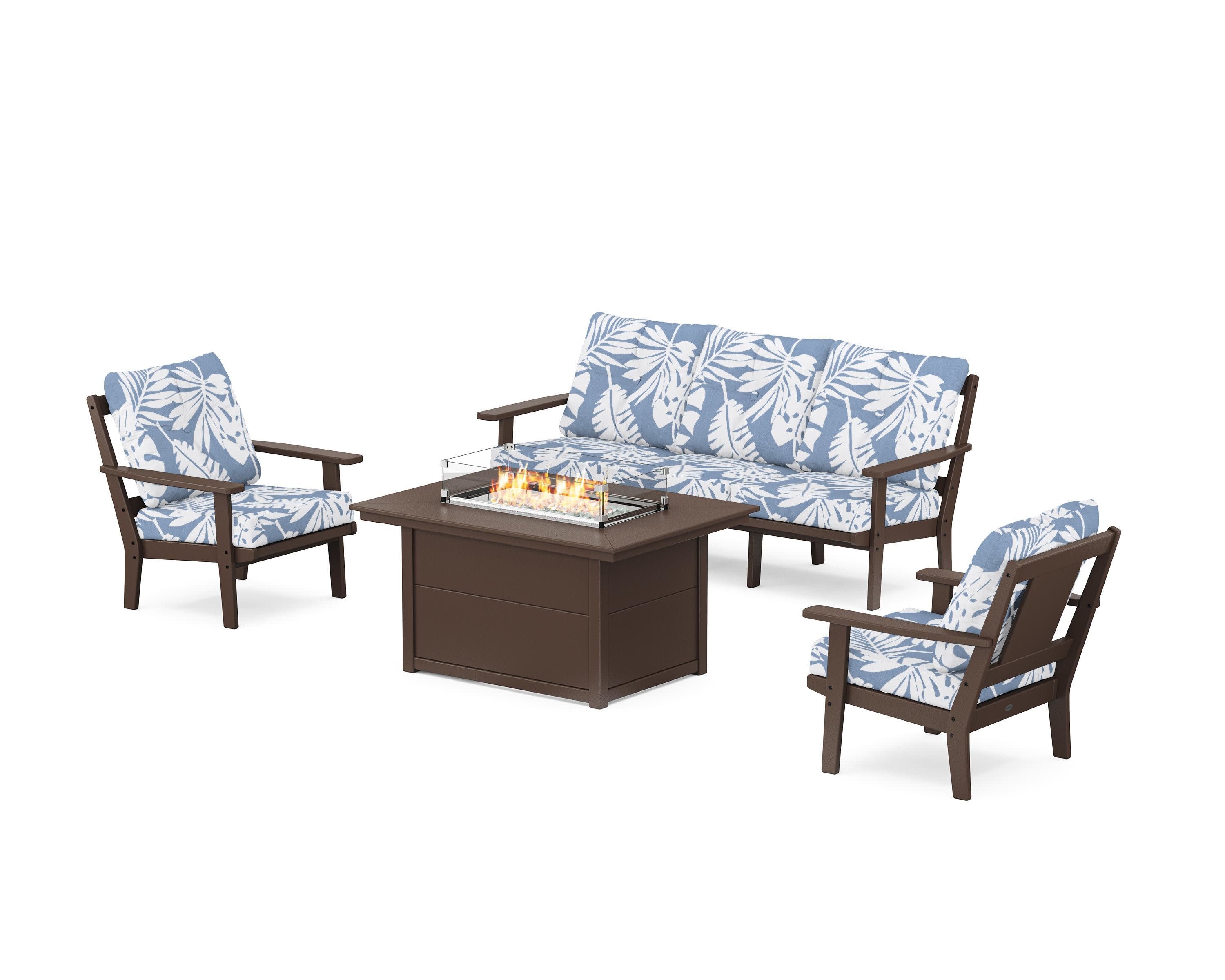 Prairie Deep Seating Fire Pit Table Set in Mahogany / Leaf Sky Blue