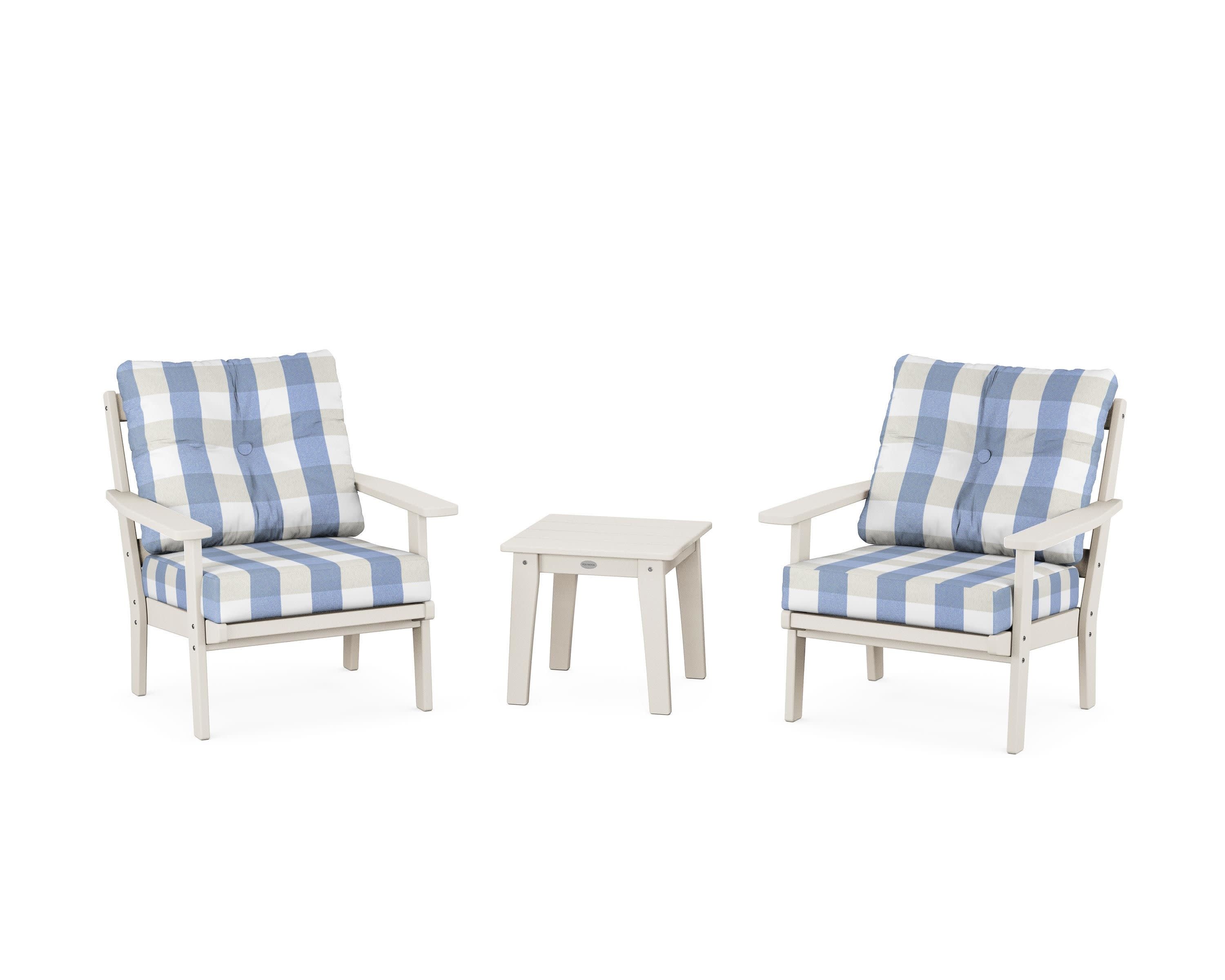 Prairie 3-Piece Deep Seating Set in Sand / Buffalo Plaid Sky Blue