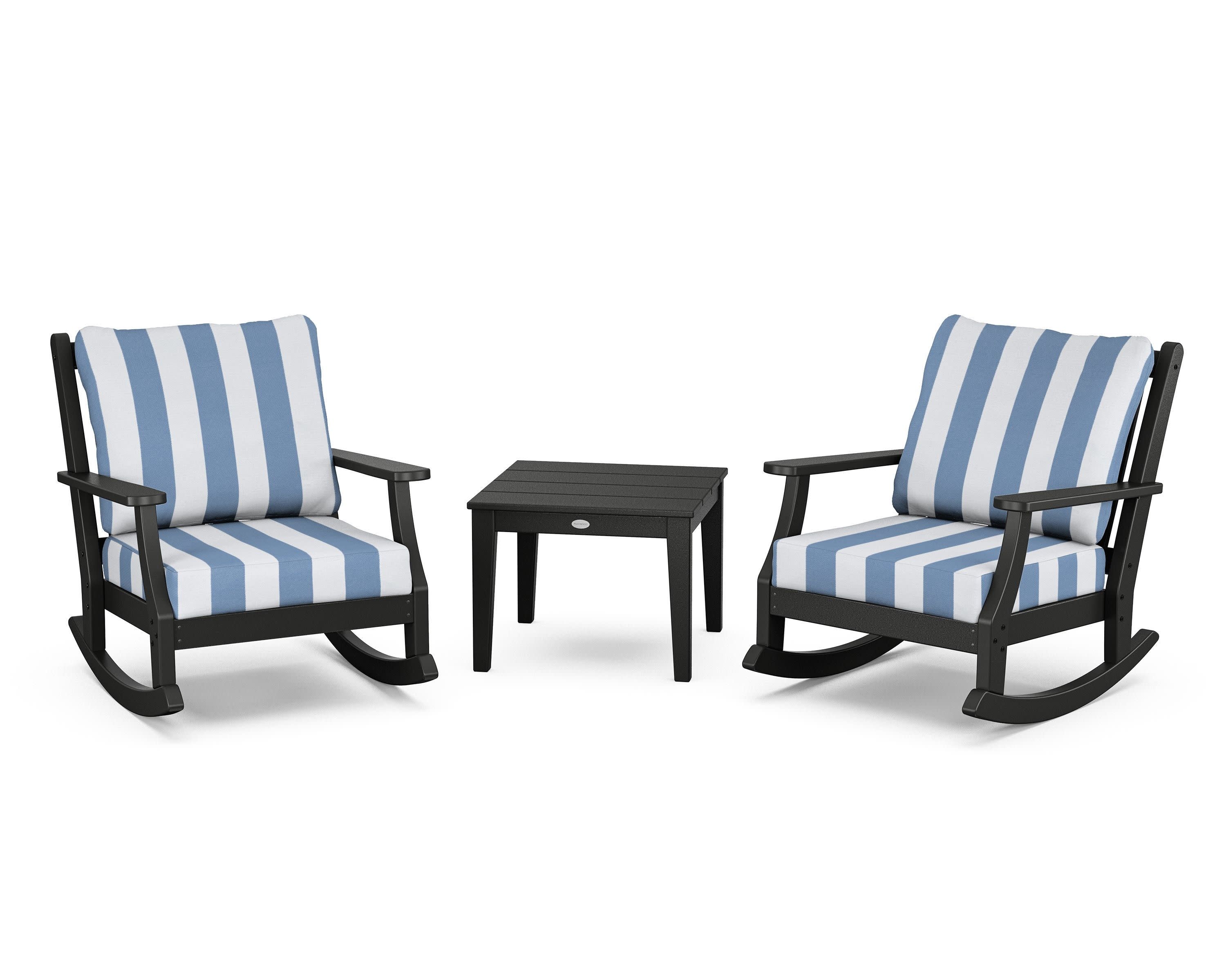 Wovendale 3-Piece Deep Seating Rocker Set in Black / Cabana Stripe Sky Blue