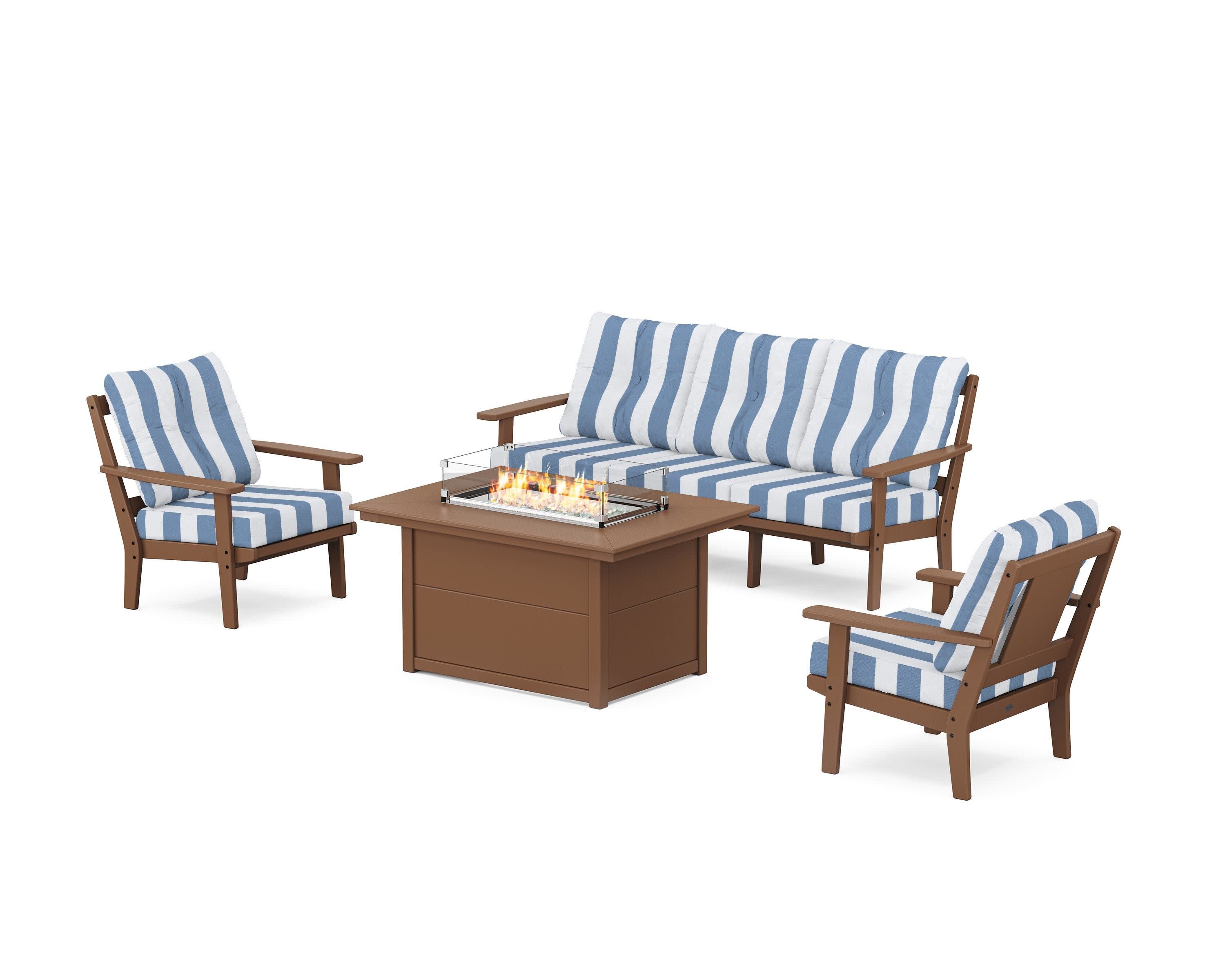Prairie Deep Seating Fire Pit Table Set in Teak / Cabana Stripe Sky Blue