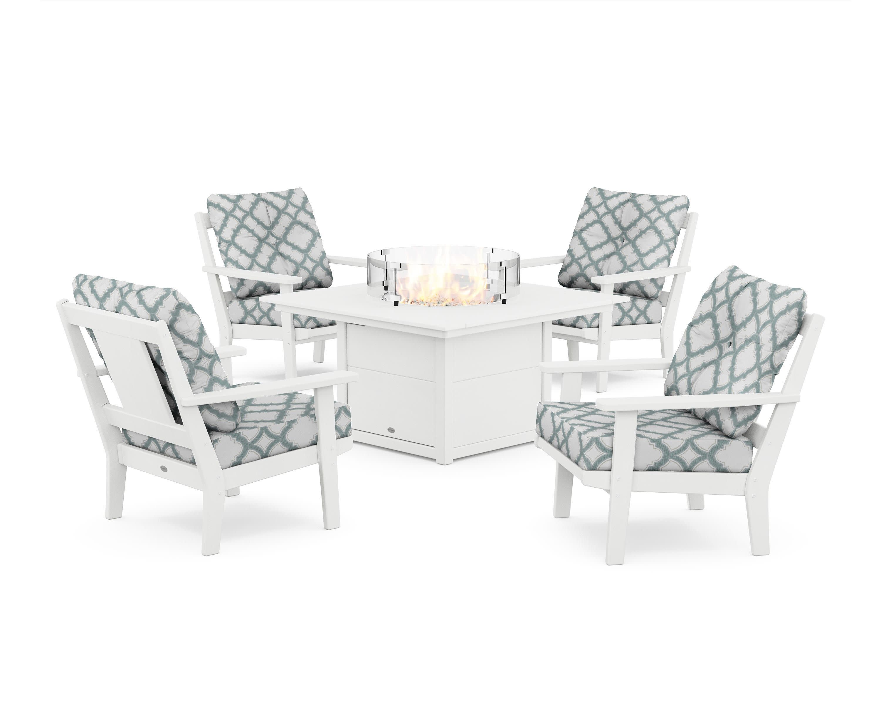 Prairie 5-Piece Deep Seating Set with Fire Pit Table in White / Trellis Glacier Spa