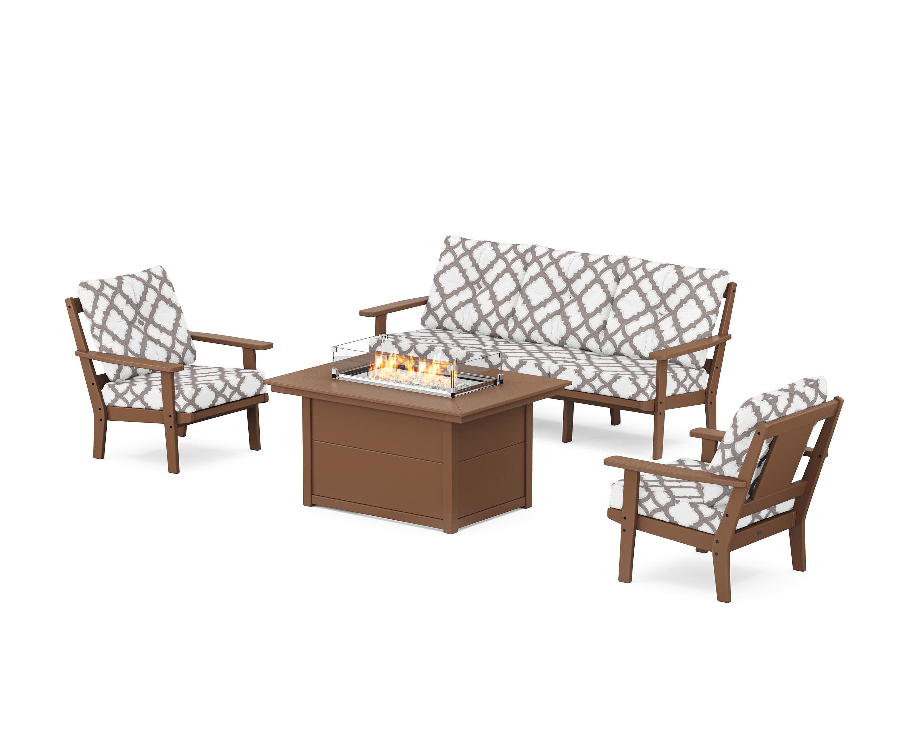 Prairie Deep Seating Fire Pit Table Set in Teak / Trellis Grey Mist
