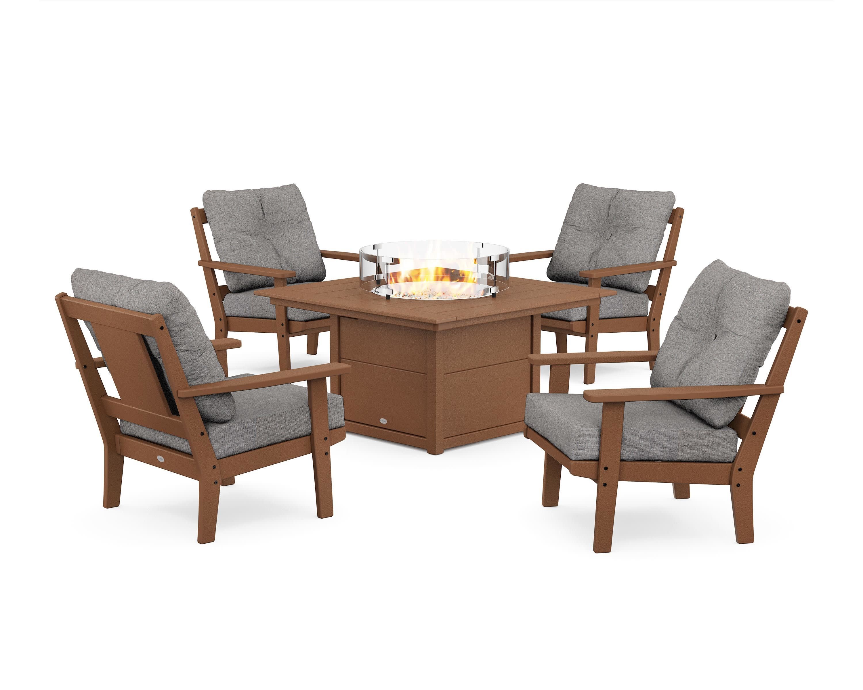 Prairie 5-Piece Deep Seating Set with Fire Pit Table in Teak / Grey Mist