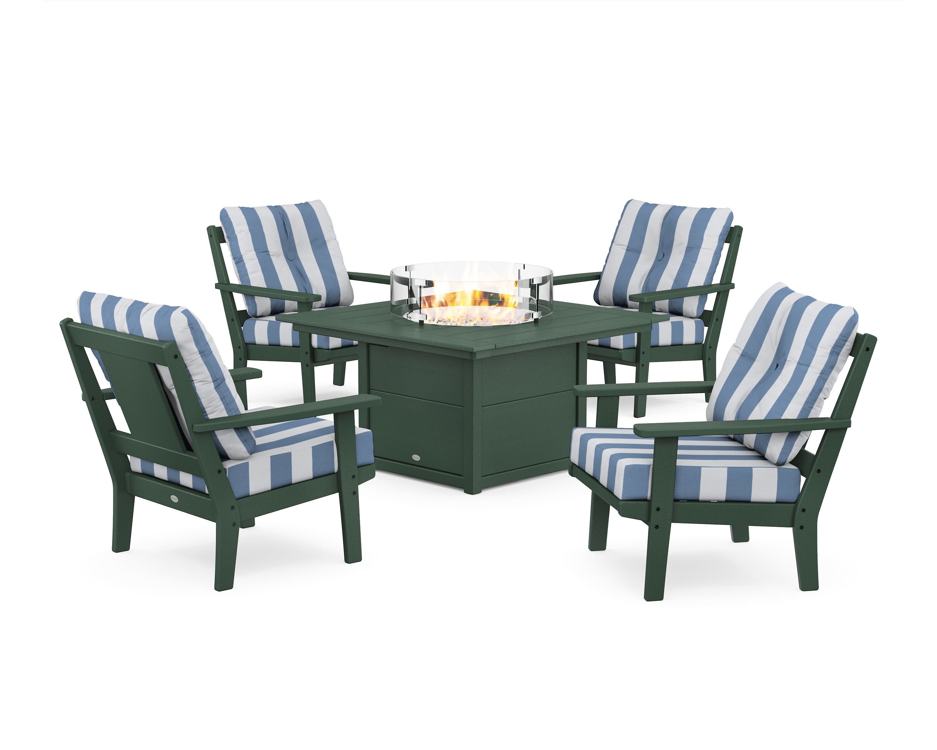 Prairie 5-Piece Deep Seating Set with Fire Pit Table in Green / Cabana Stripe Sky Blue