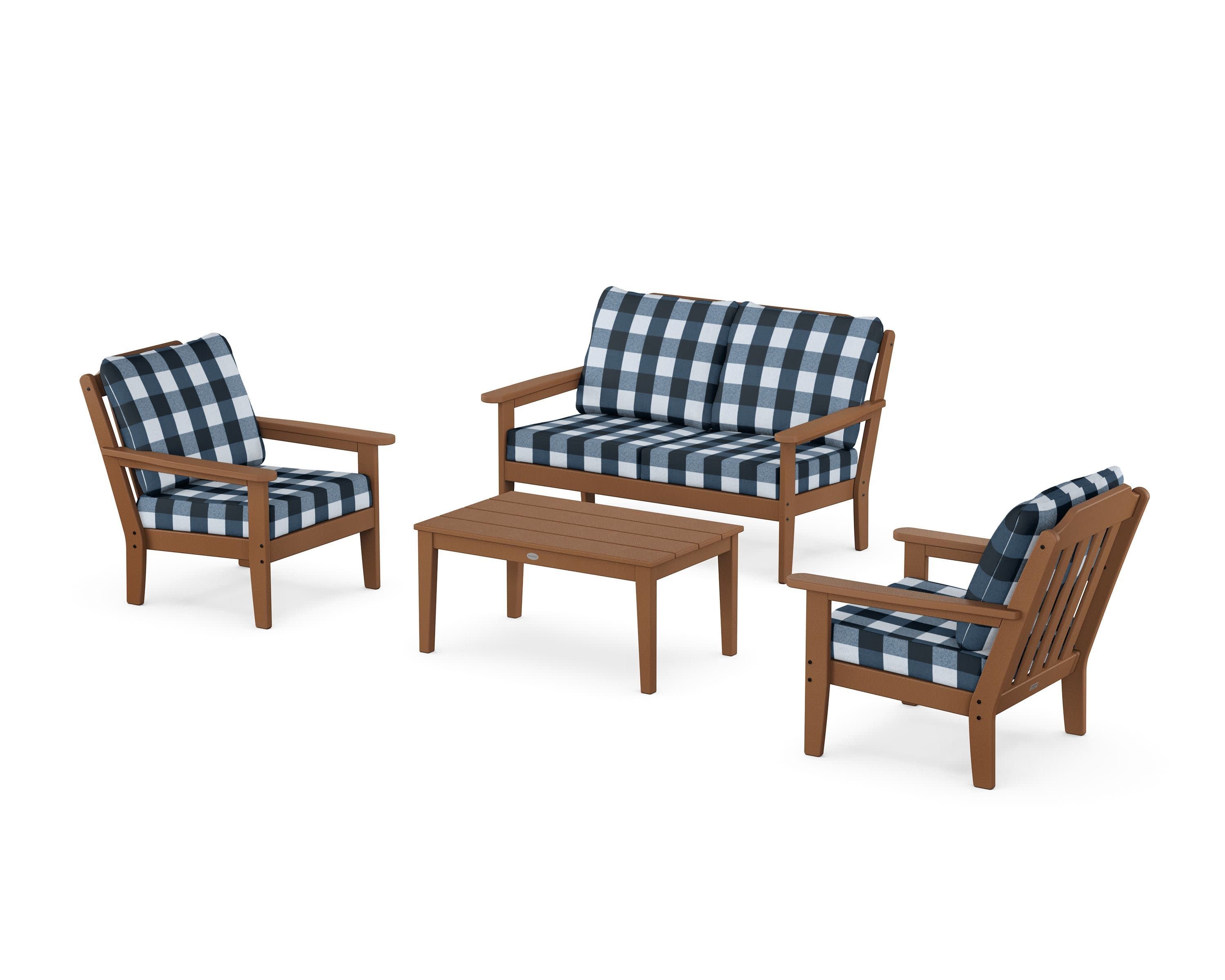 Cottage 4-Piece Deep Seating Set with Loveseat in Teak / Buffalo Plaid Marine Indigo