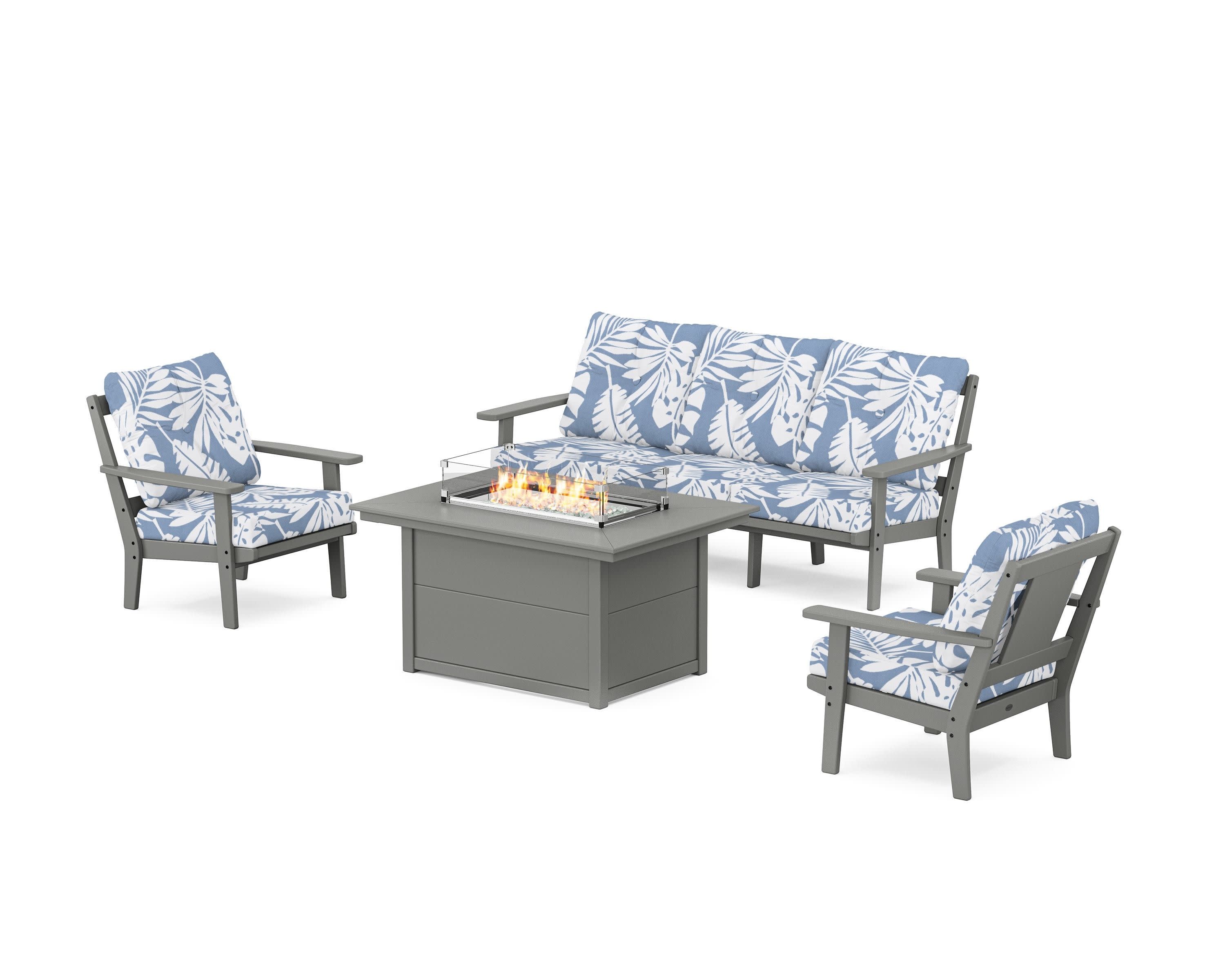 Prairie Deep Seating Fire Pit Table Set in Slate Grey / Leaf Sky Blue