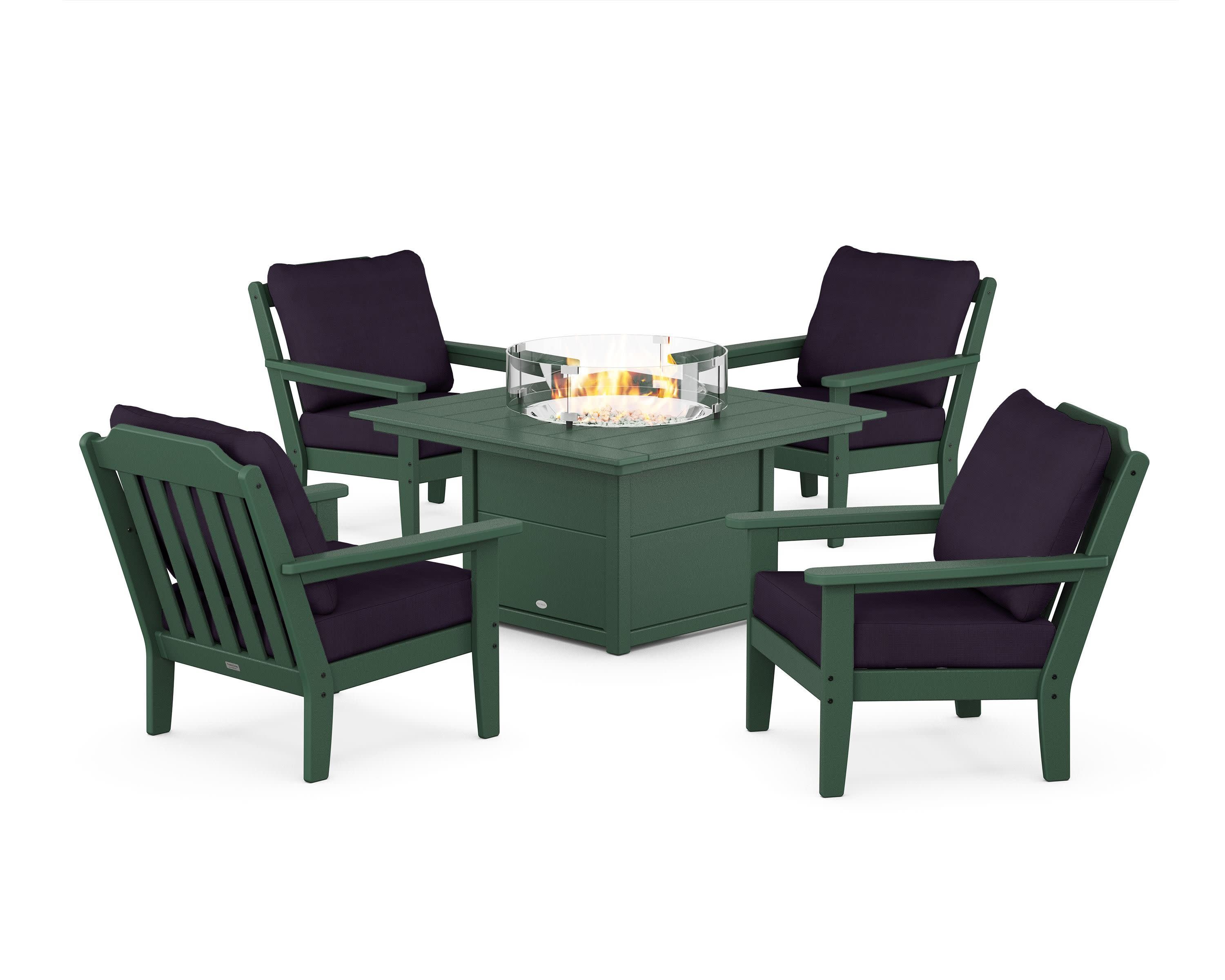 Cottage 5-Piece Deep Seating Set with Fire Pit Table in Green / Navy Linen