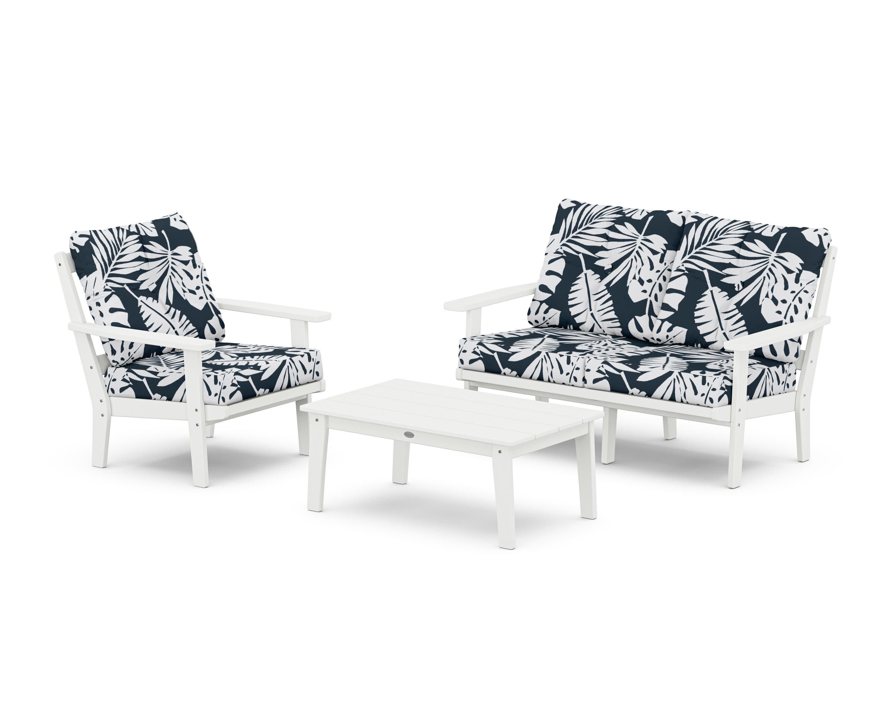 Prairie 3-Piece Deep Seating Set with Loveseat in White / Leaf Marine Indigo